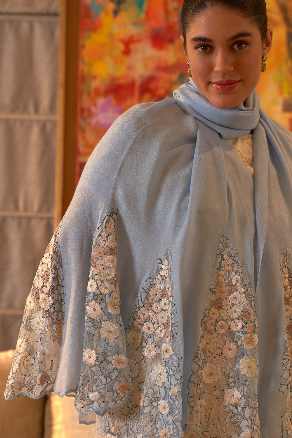 Cherry Blossom Flounce | Embroidered Wool Silk Stole