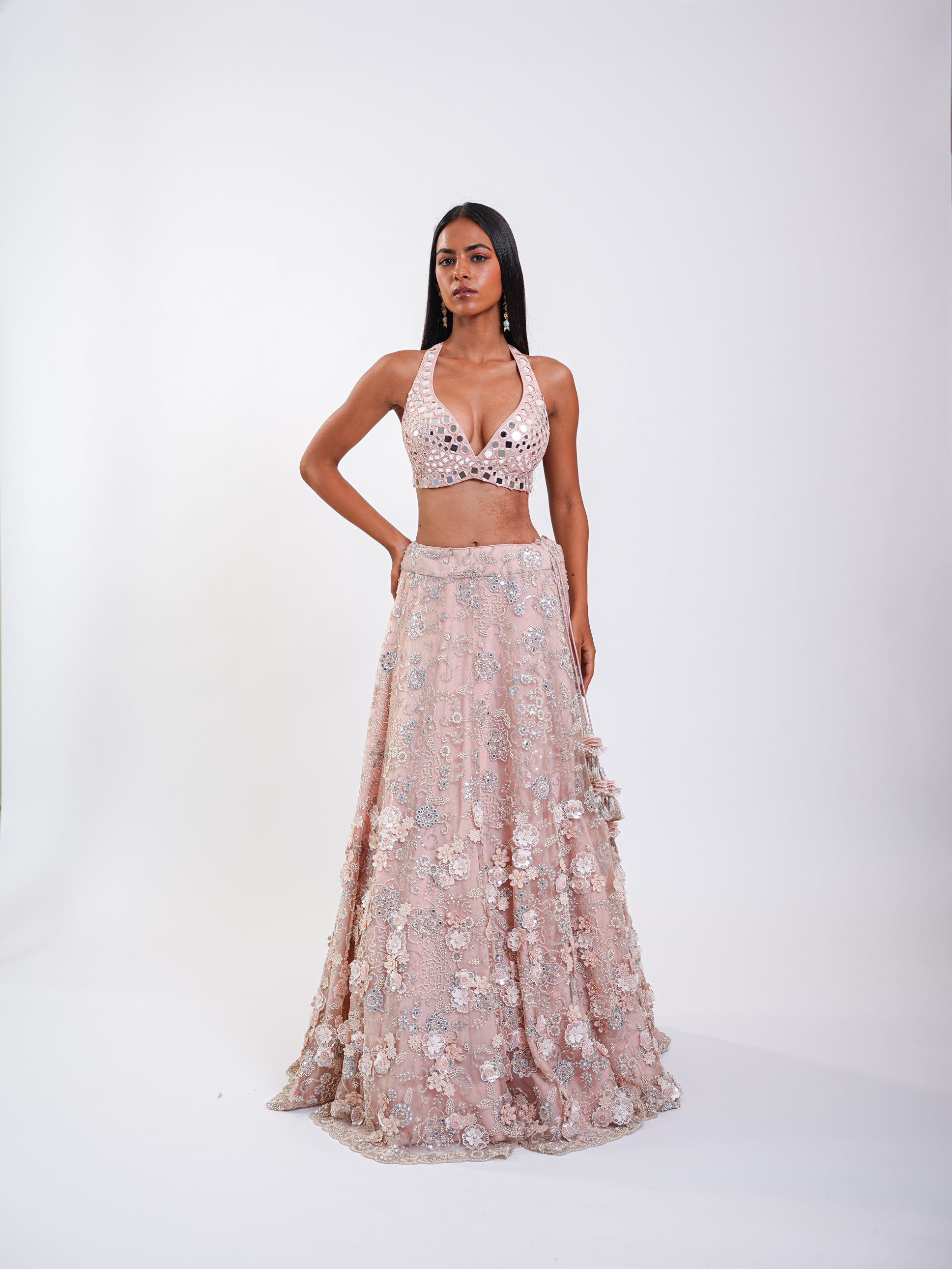 FLORAL LEHENGA IN ROSEGARDEN JAAL IN MIRRORWORK
