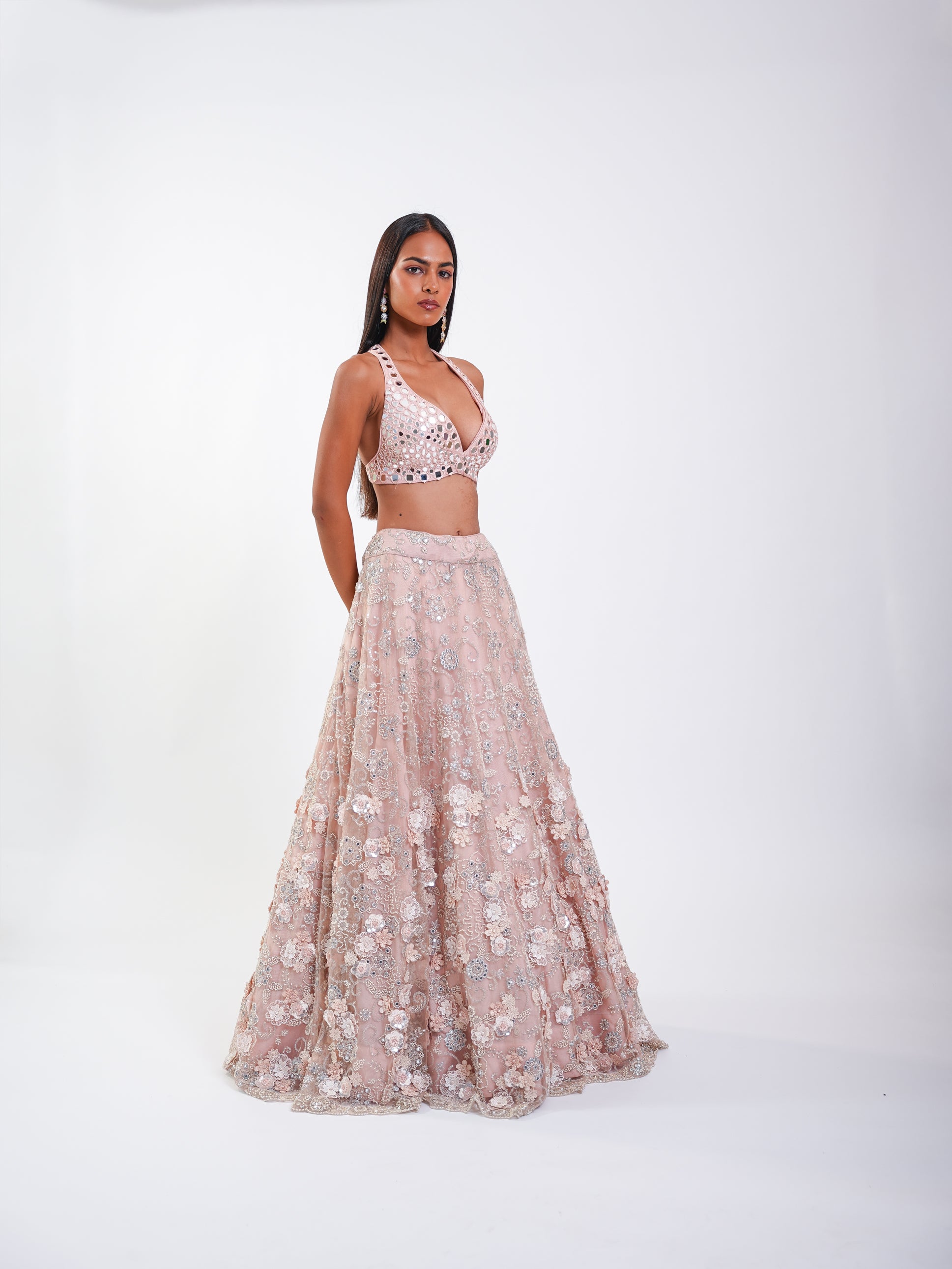 FLORAL LEHENGA IN ROSEGARDEN JAAL IN MIRRORWORK