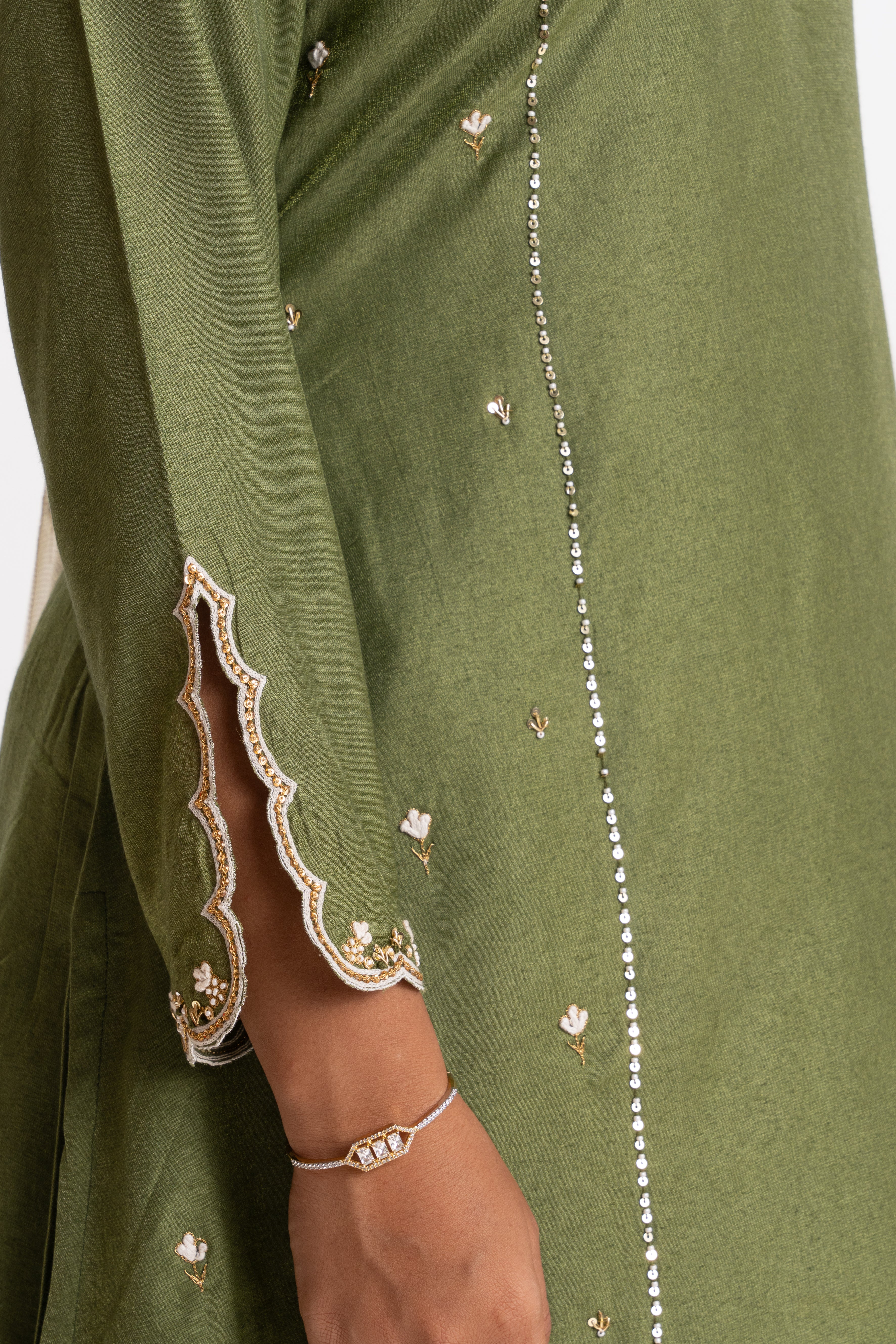 CHANDERI DOUBLE KALI EMBROIDERED KURTA PANT SET