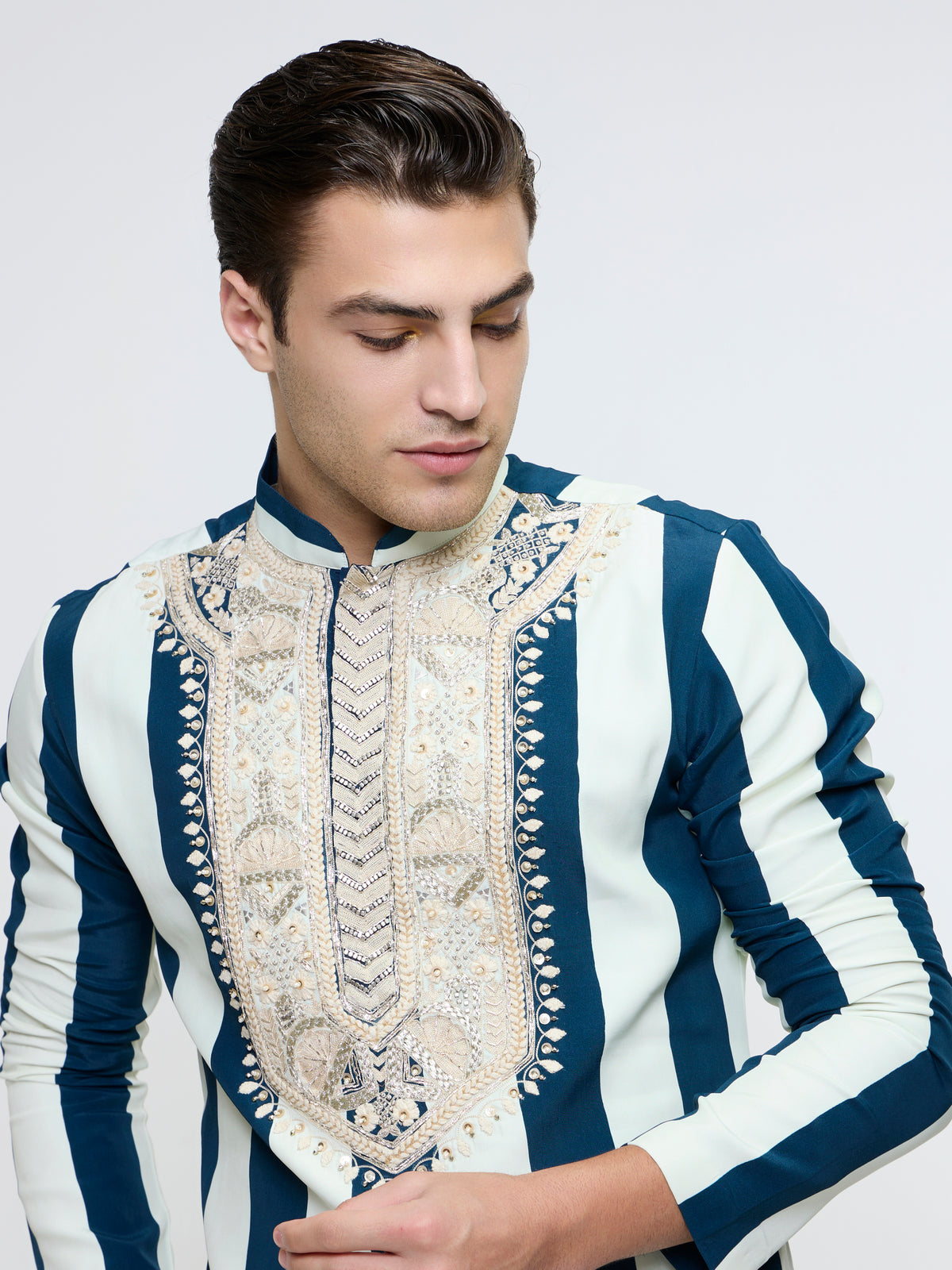 NAYAB STRIPE KURTA WITH EMBROIDERED YOKE PAIRED WITH PANTS