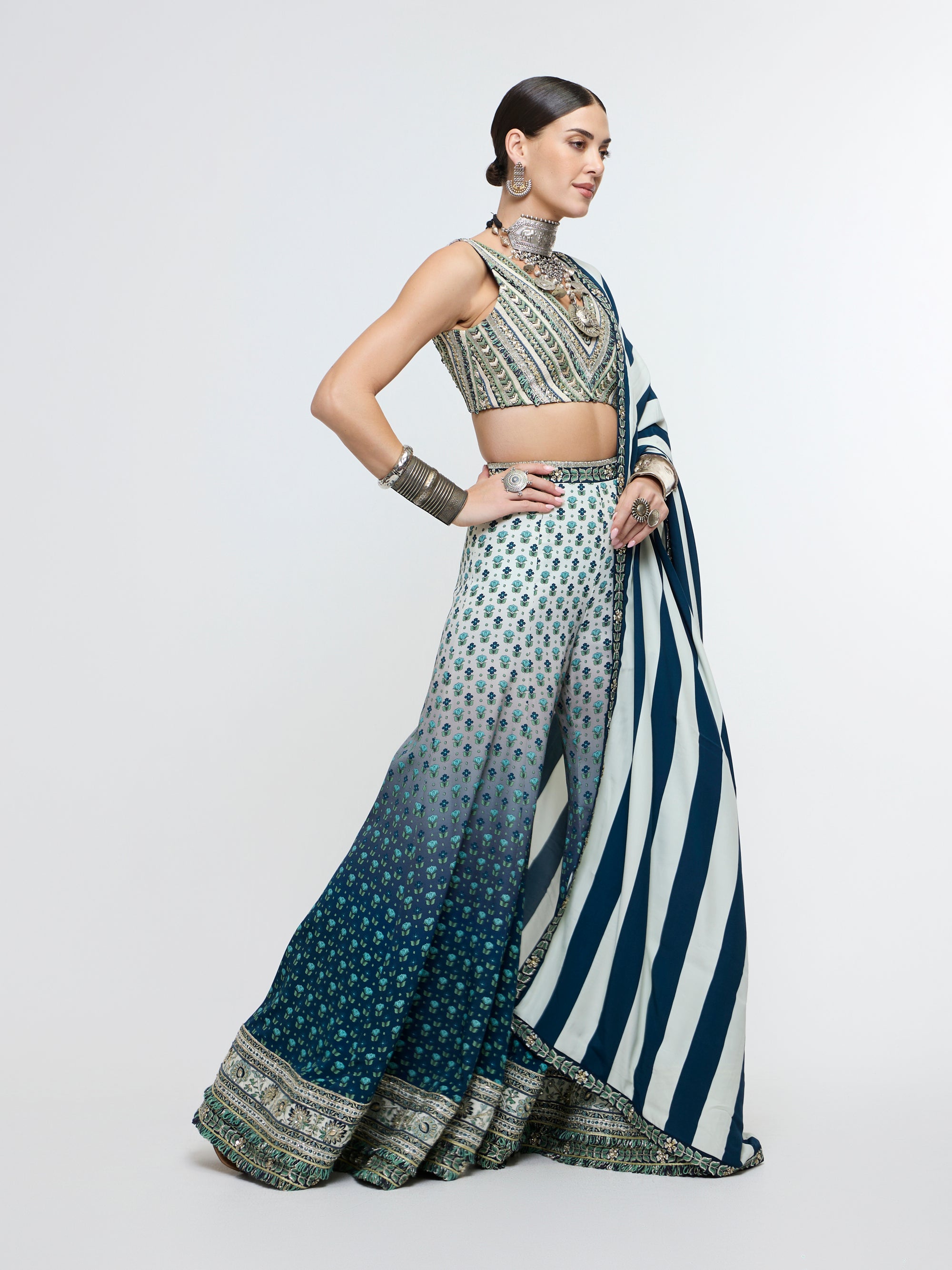 NAYAB: V NECK BLOUSE PAIRED WITH SHARARA PANTS AND DUPATTA