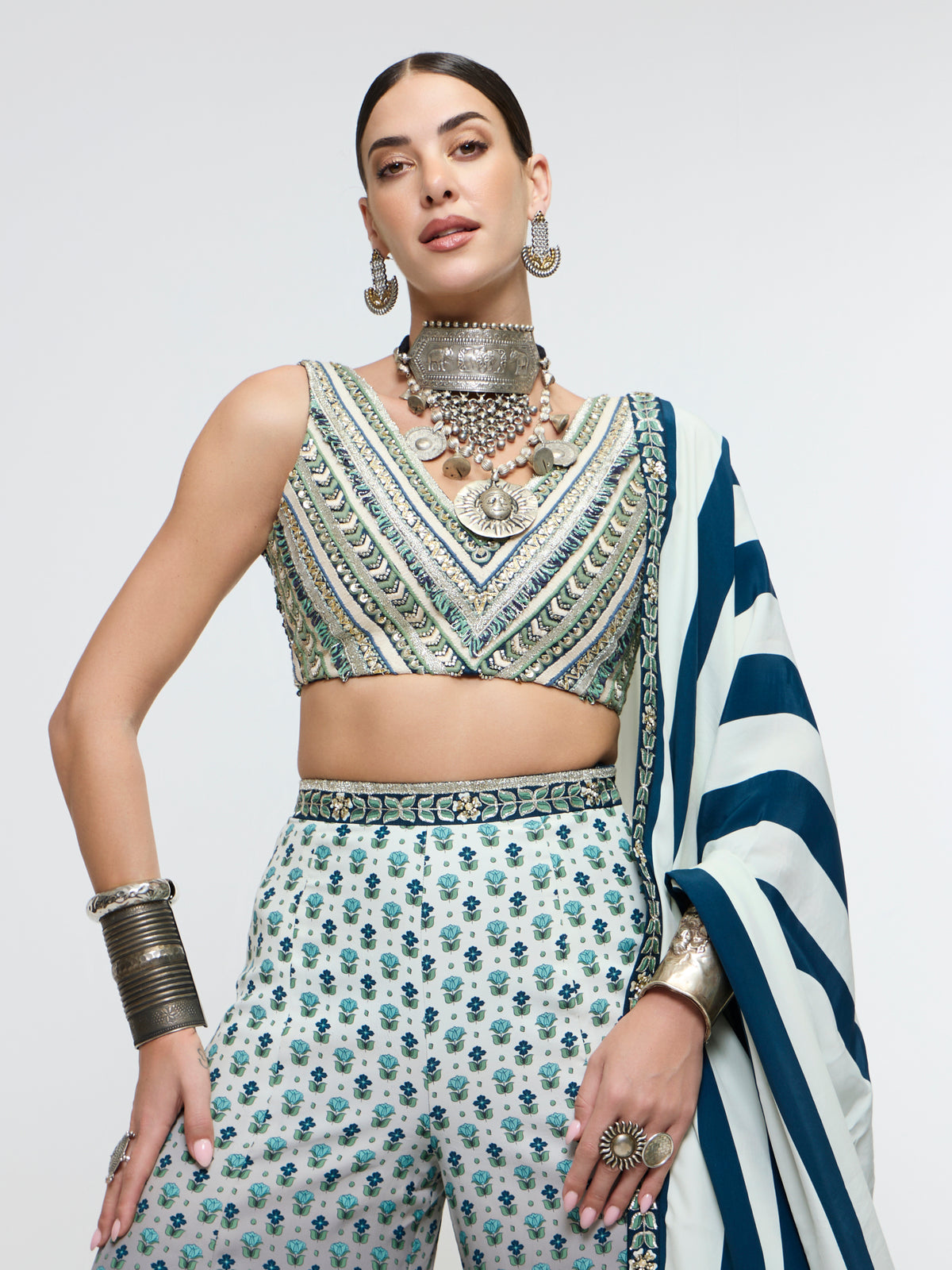 NAYAB: V NECK BLOUSE PAIRED WITH SHARARA PANTS AND DUPATTA