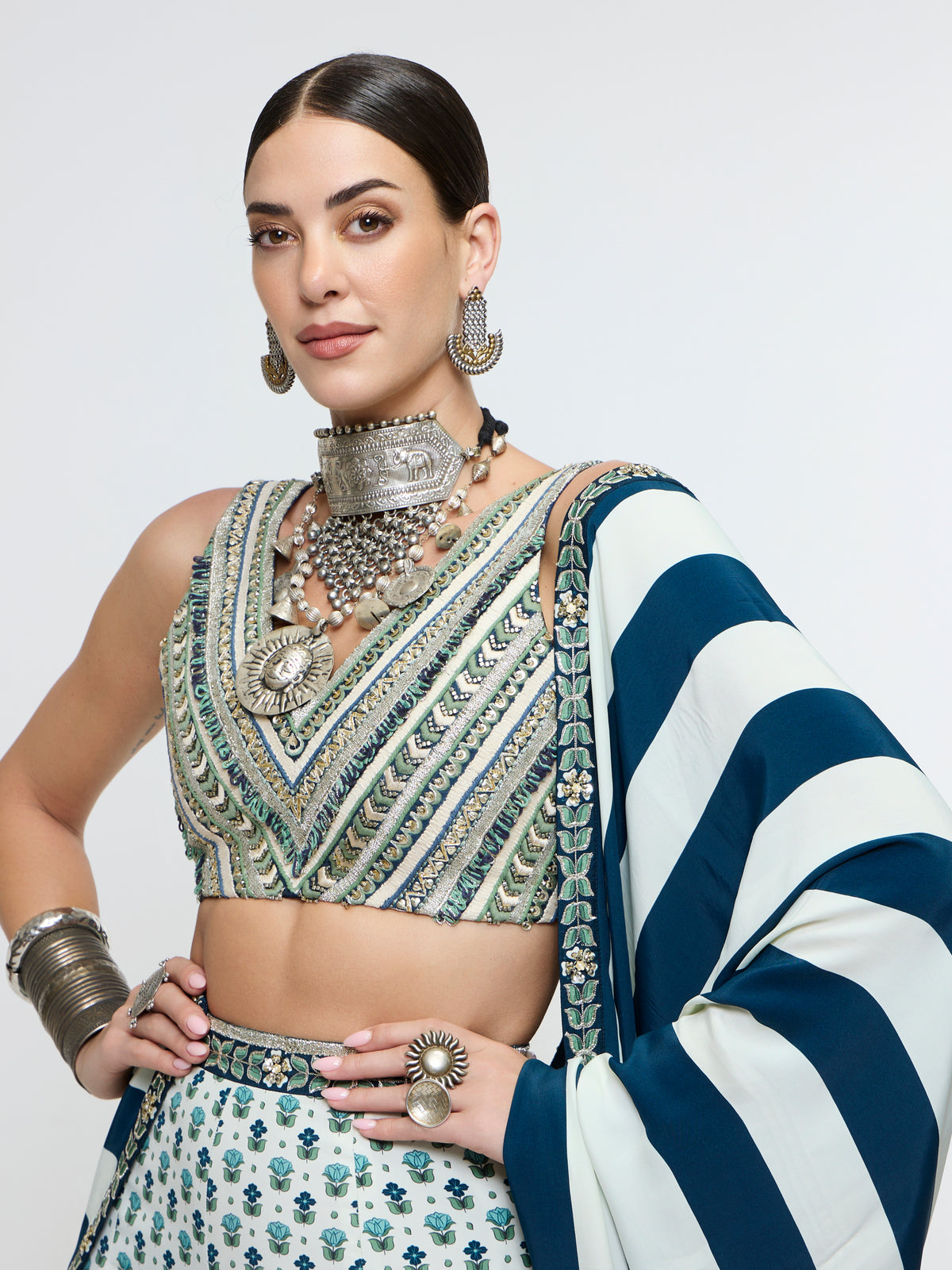NAYAB: V NECK BLOUSE PAIRED WITH SHARARA PANTS AND DUPATTA