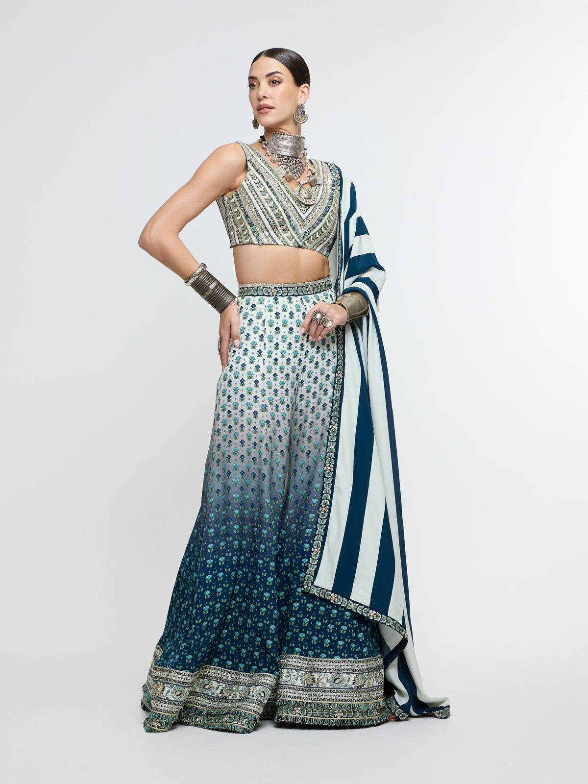 NAYAB: V NECK BLOUSE PAIRED WITH SHARARA PANTS AND DUPATTA