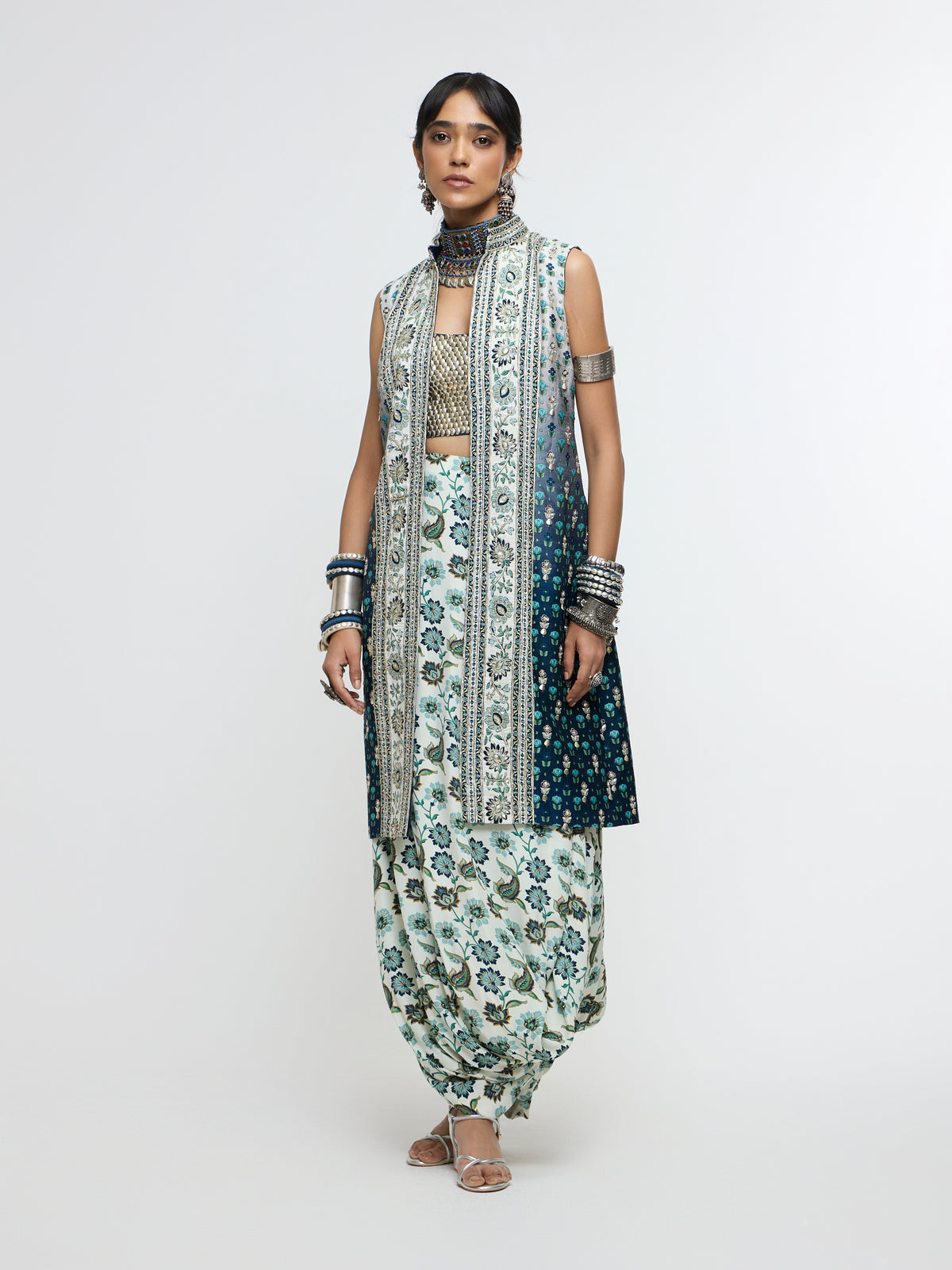 NYSA LONG JACKET PAIRED WITH METALLIC BUSTIER & DRAPE SKIRT
