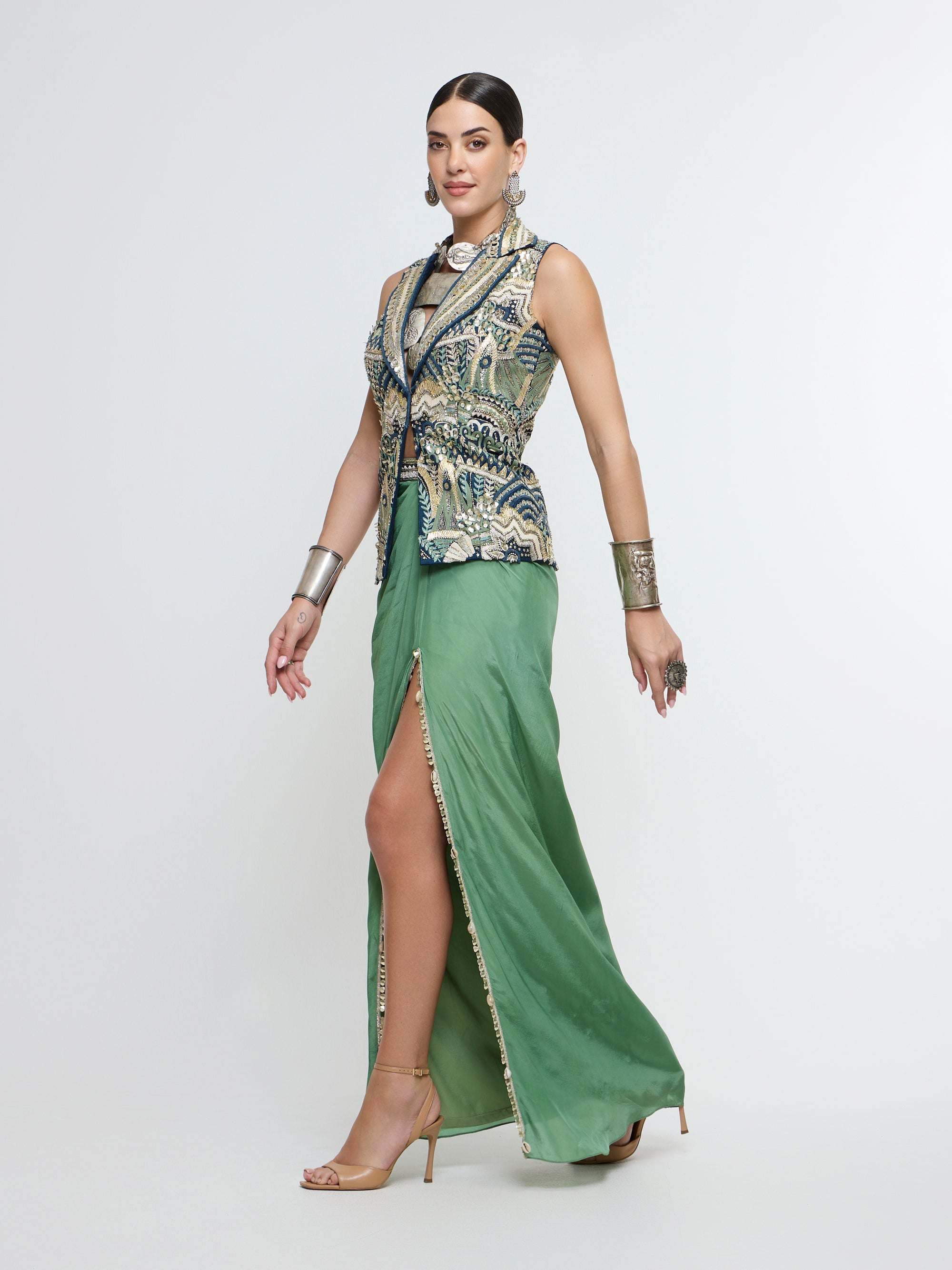 AMARA WAIST COAT PAIRED WITH HIGH SLIT SKIRT