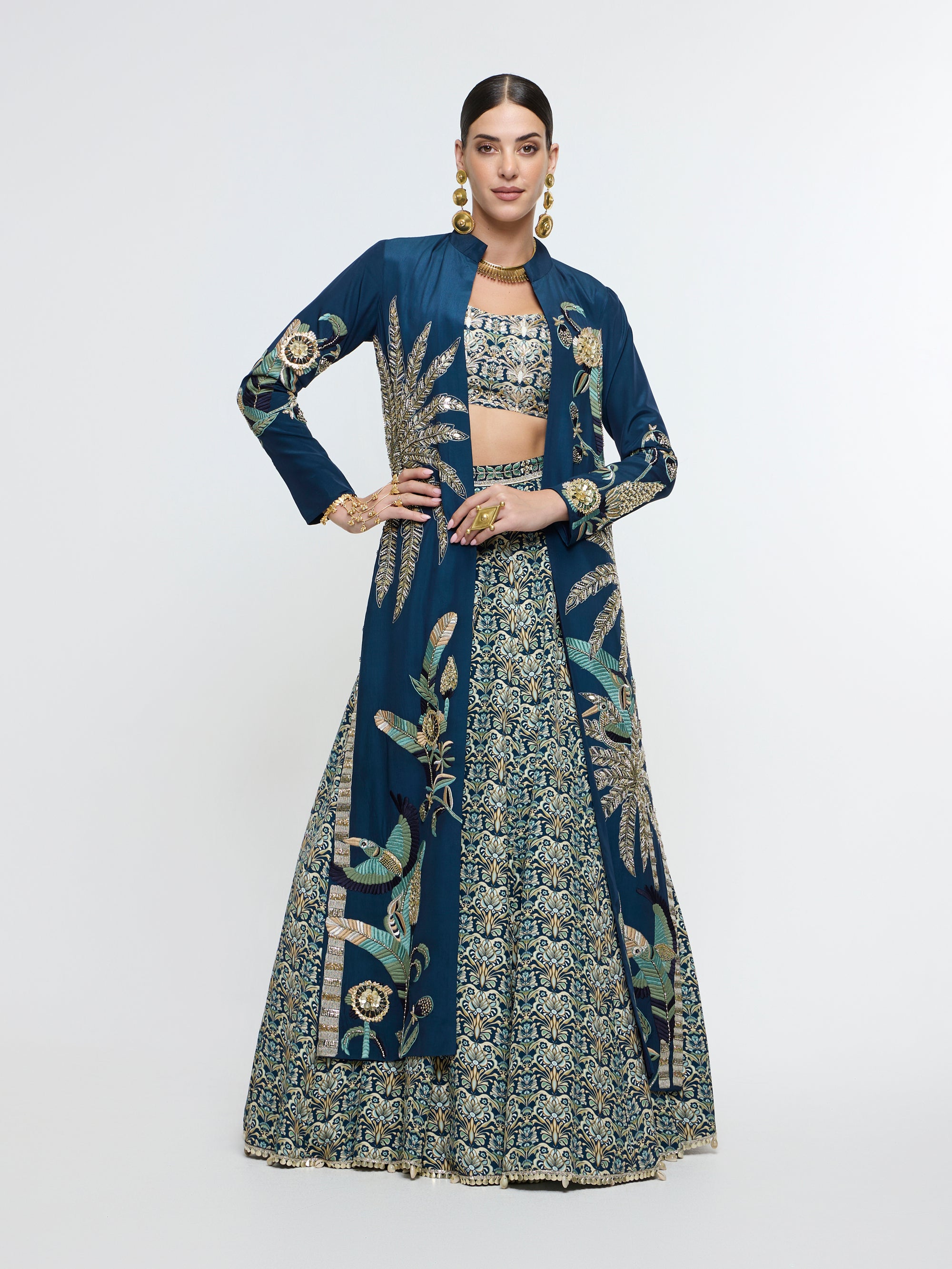 NEEL TROPICAL LONG JACKET WITH STUDDED BUSTIER AND LEHENGA
