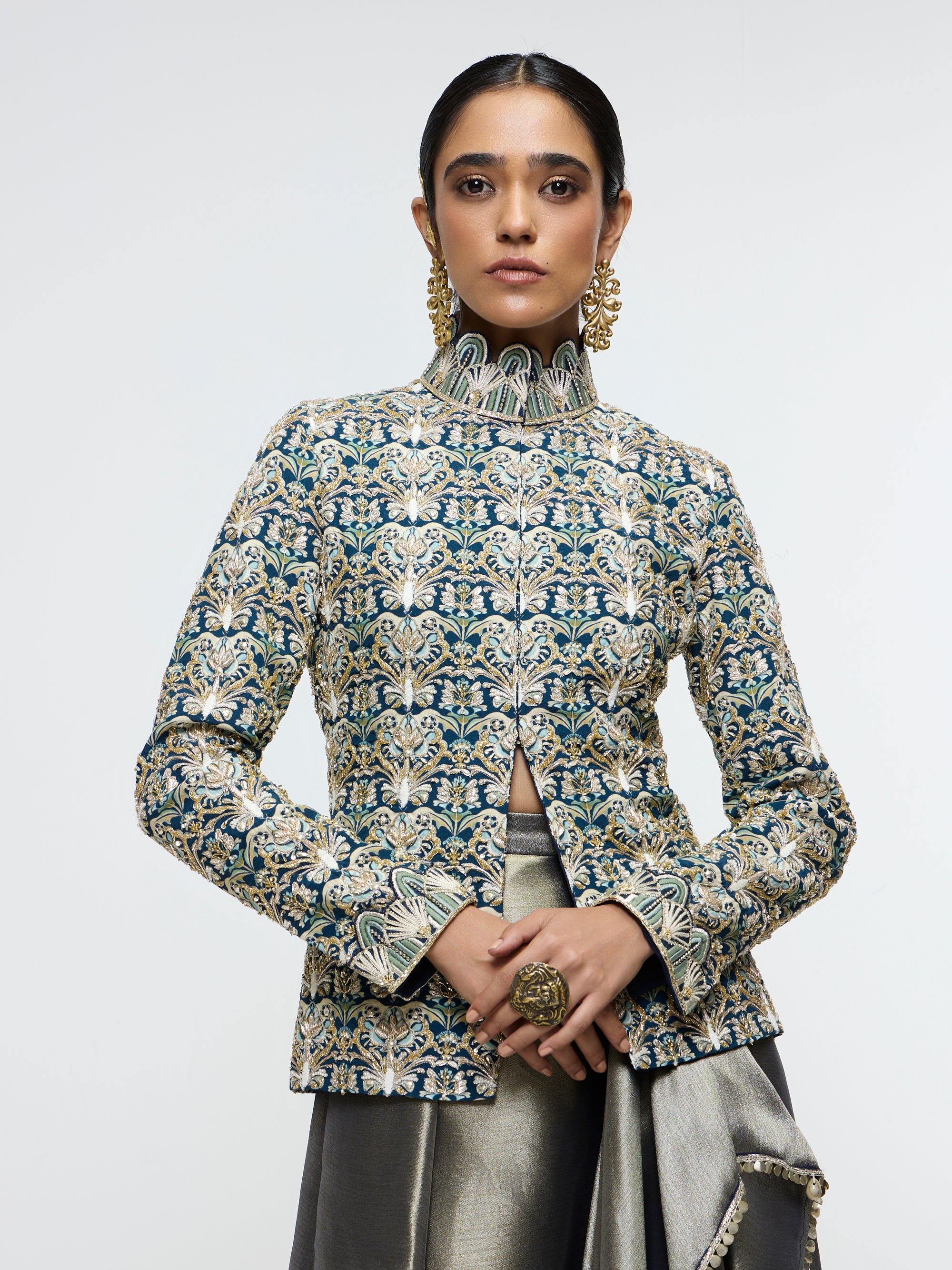 ZIANA DRAPE SKIRT PAIRED WITH EMBELLISHED JACKET