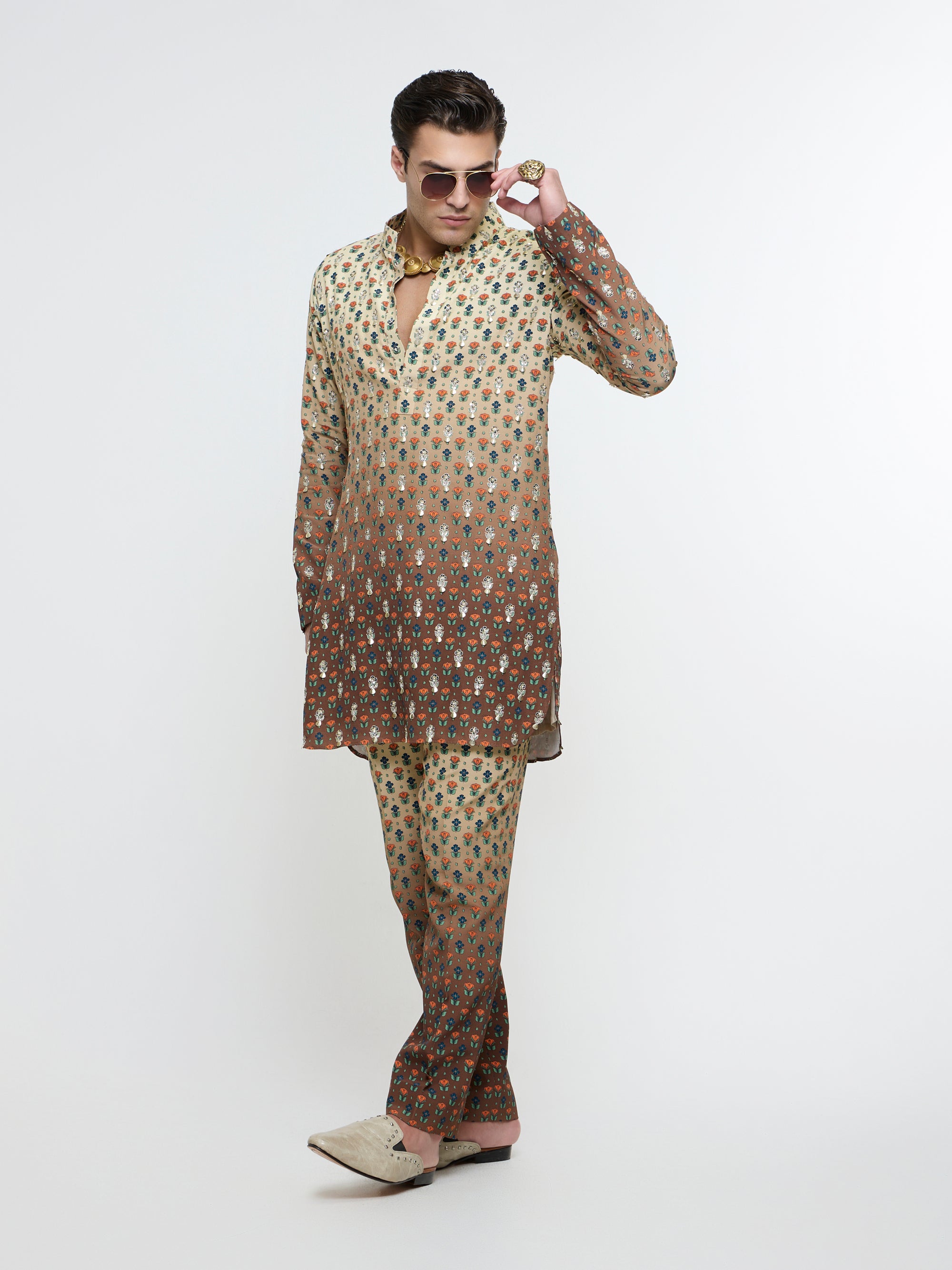 IVORY BROWN OMBRE PRINT HIGHLIGHTED KURTA SET