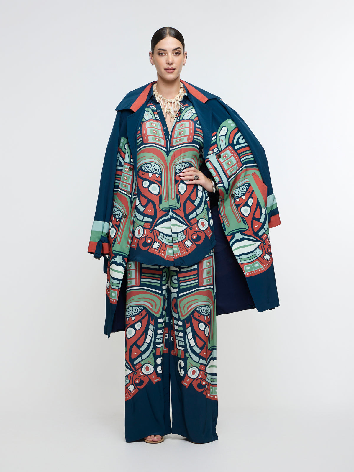 MIDNIGHT BLUE PRINTED MASK TRENCH COAT WITH SHIRT AND PANT