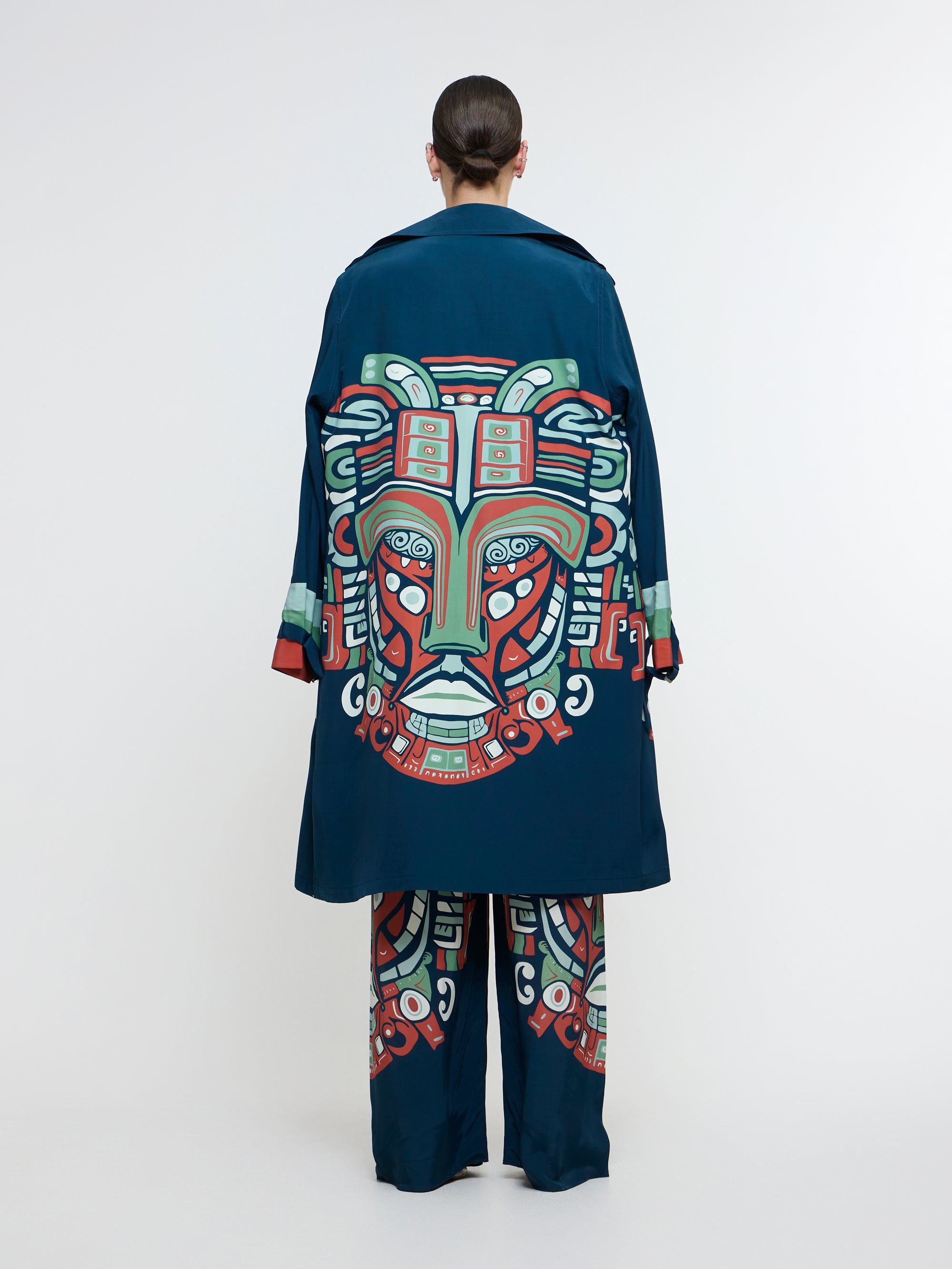 MIDNIGHT BLUE PRINTED MASK TRENCH COAT WITH SHIRT AND PANT
