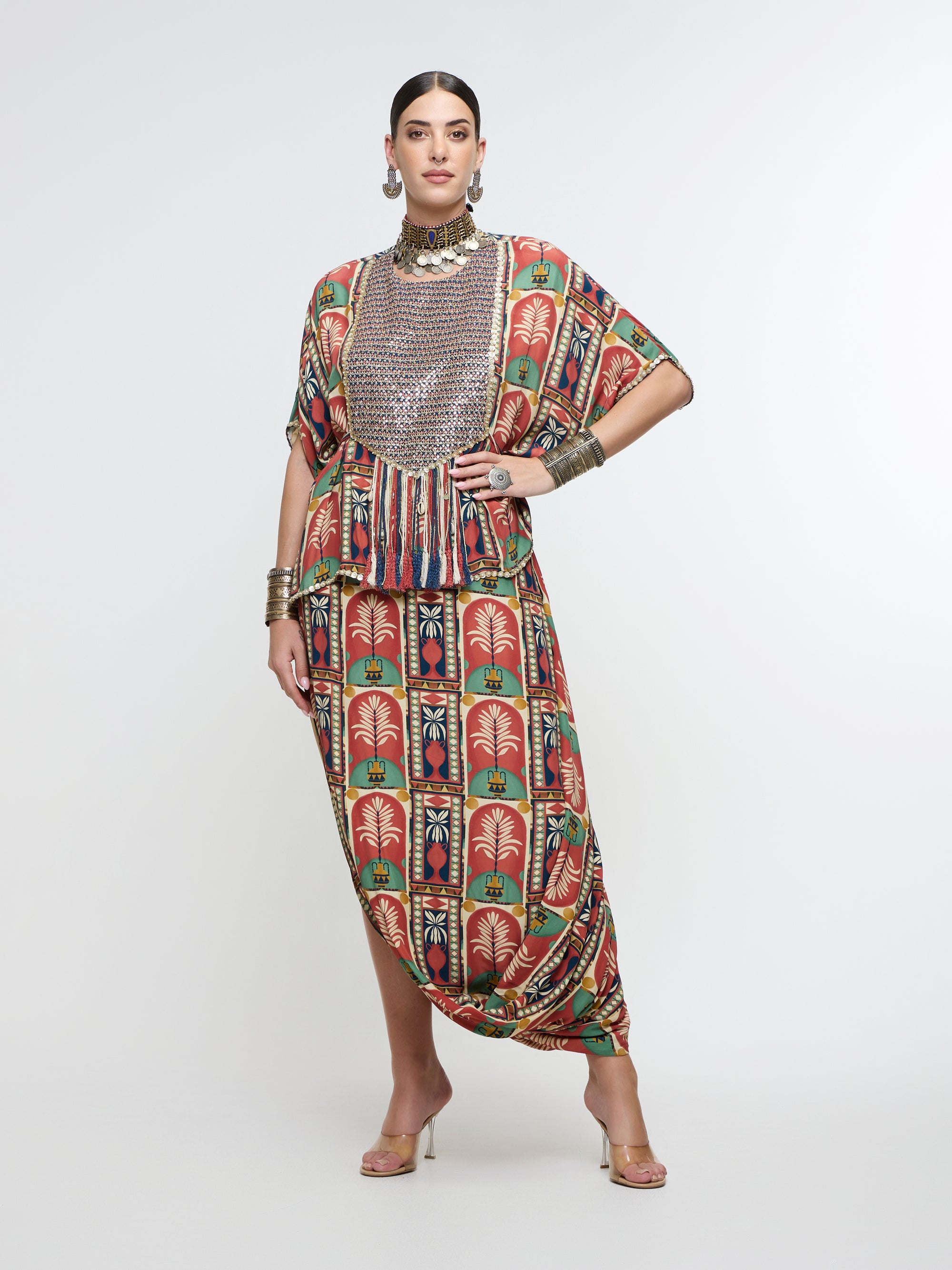 CHARBAGH METALLIC EMBROIDERED YOKE SHORT KAFTAN PAIRED WTH DRAPE SKIRT