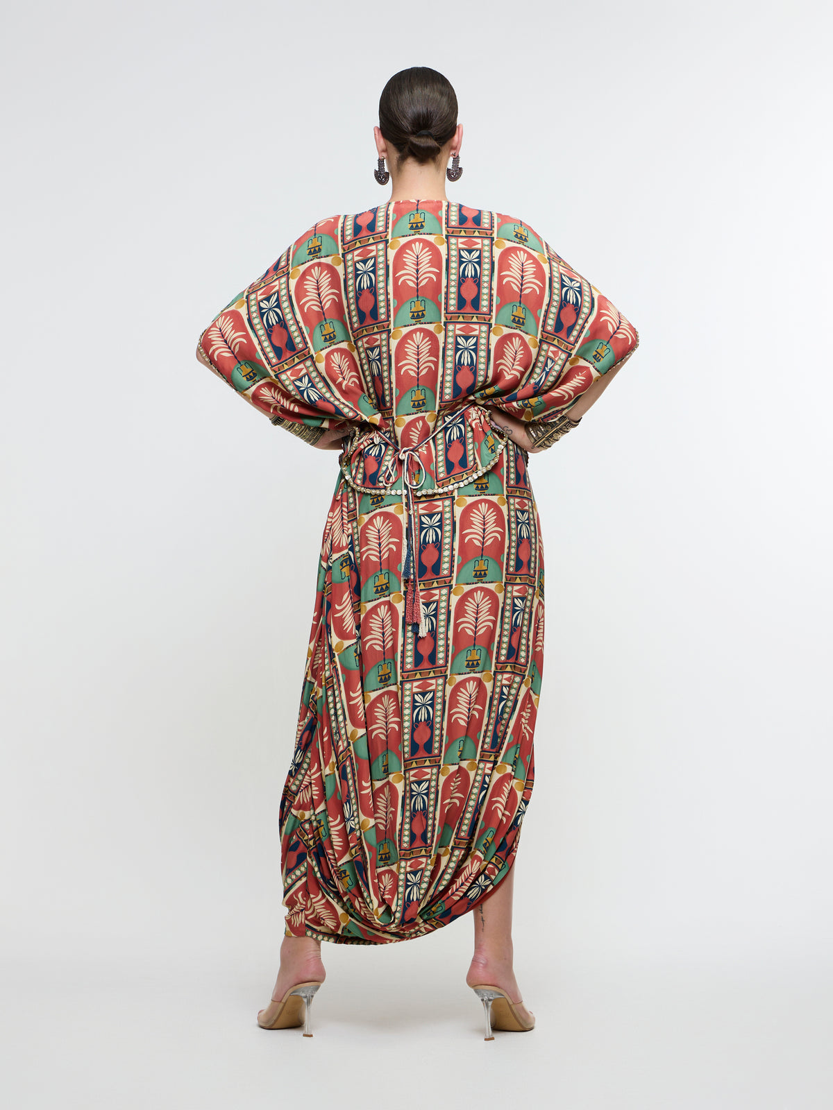 CHARBAGH METALLIC EMBROIDERED YOKE SHORT KAFTAN PAIRED WTH DRAPE SKIRT