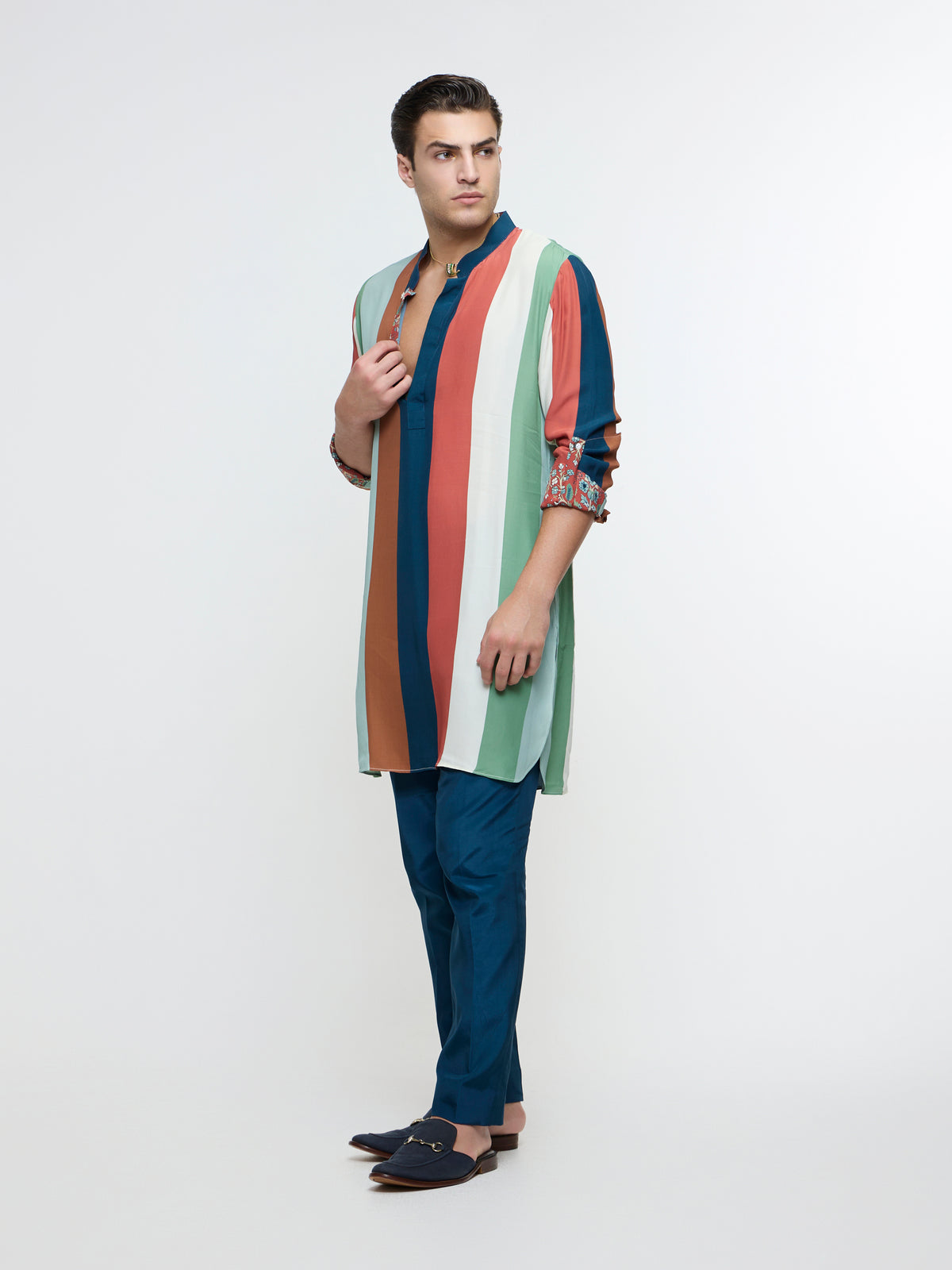 ZAYAN MULTICOLOUR STRIPE ROLLED UP KURTA