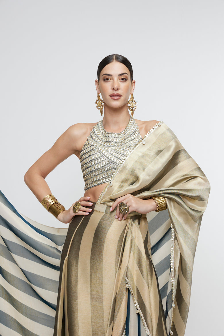 NARGIS DRAPE SAREE PAIRED WITH METALLIC BUSTIER