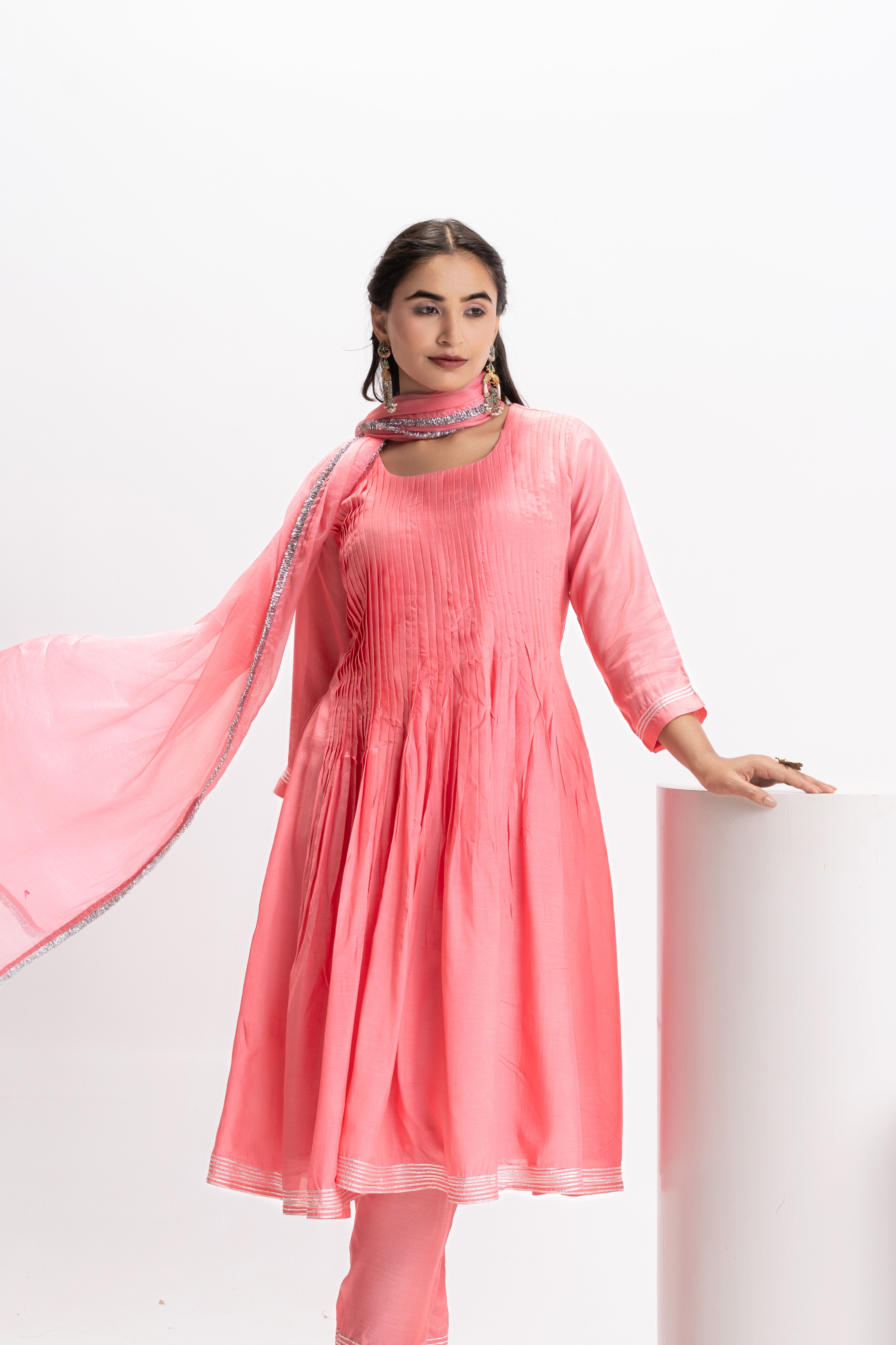 PINK MUSLIN PLEATED KURTA SET