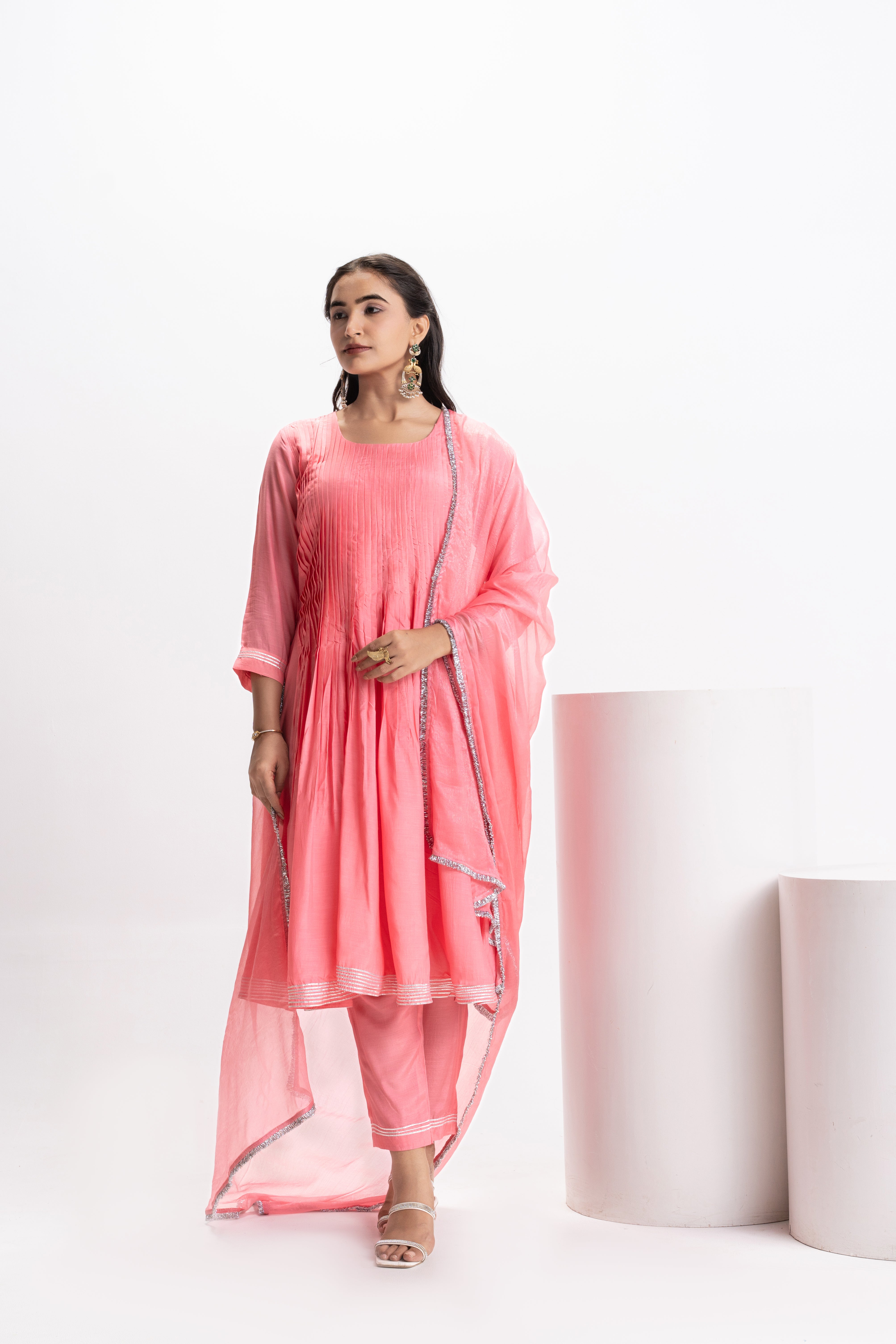 PINK MUSLIN PLEATED KURTA SET
