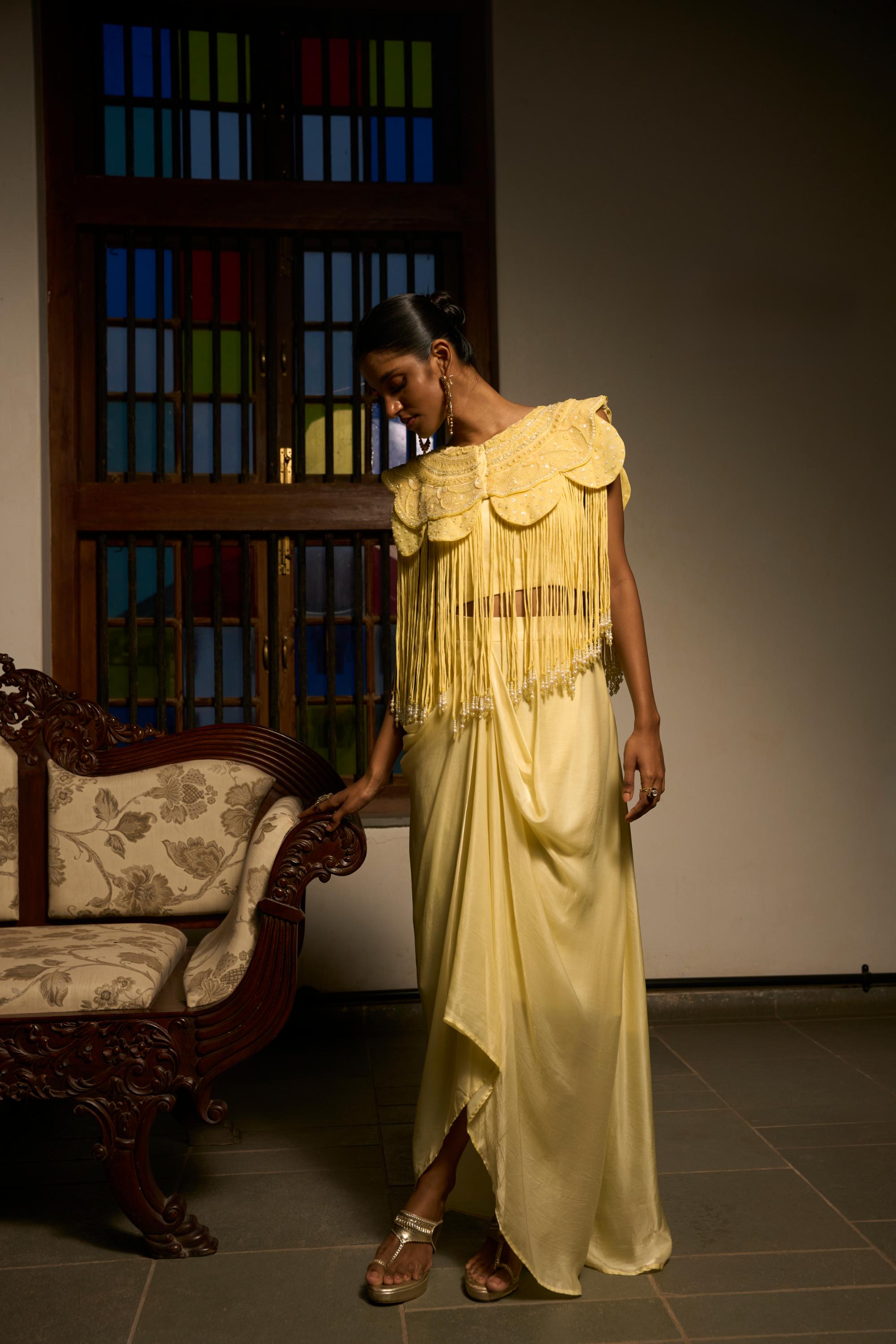 Lemon Mist Drape Co-ord with cowl skirt