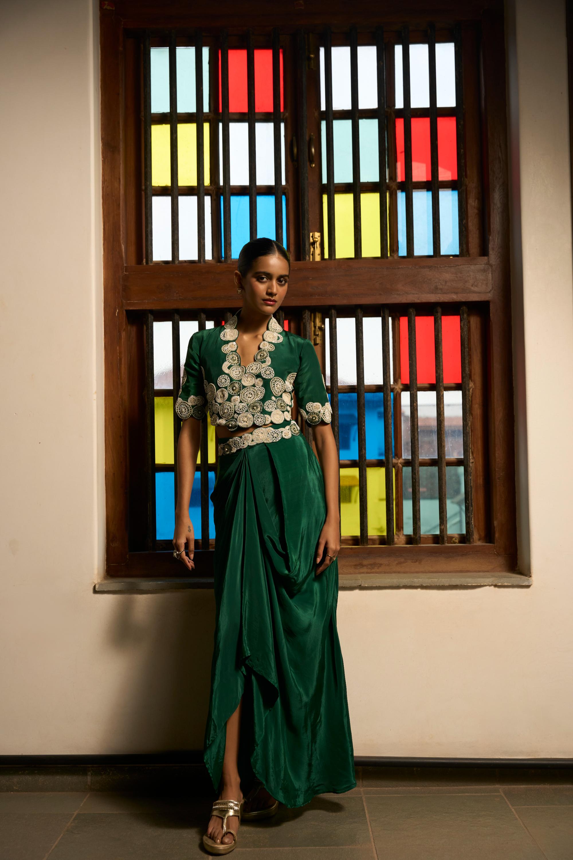 Green Poise Jacket and cowl skirt set