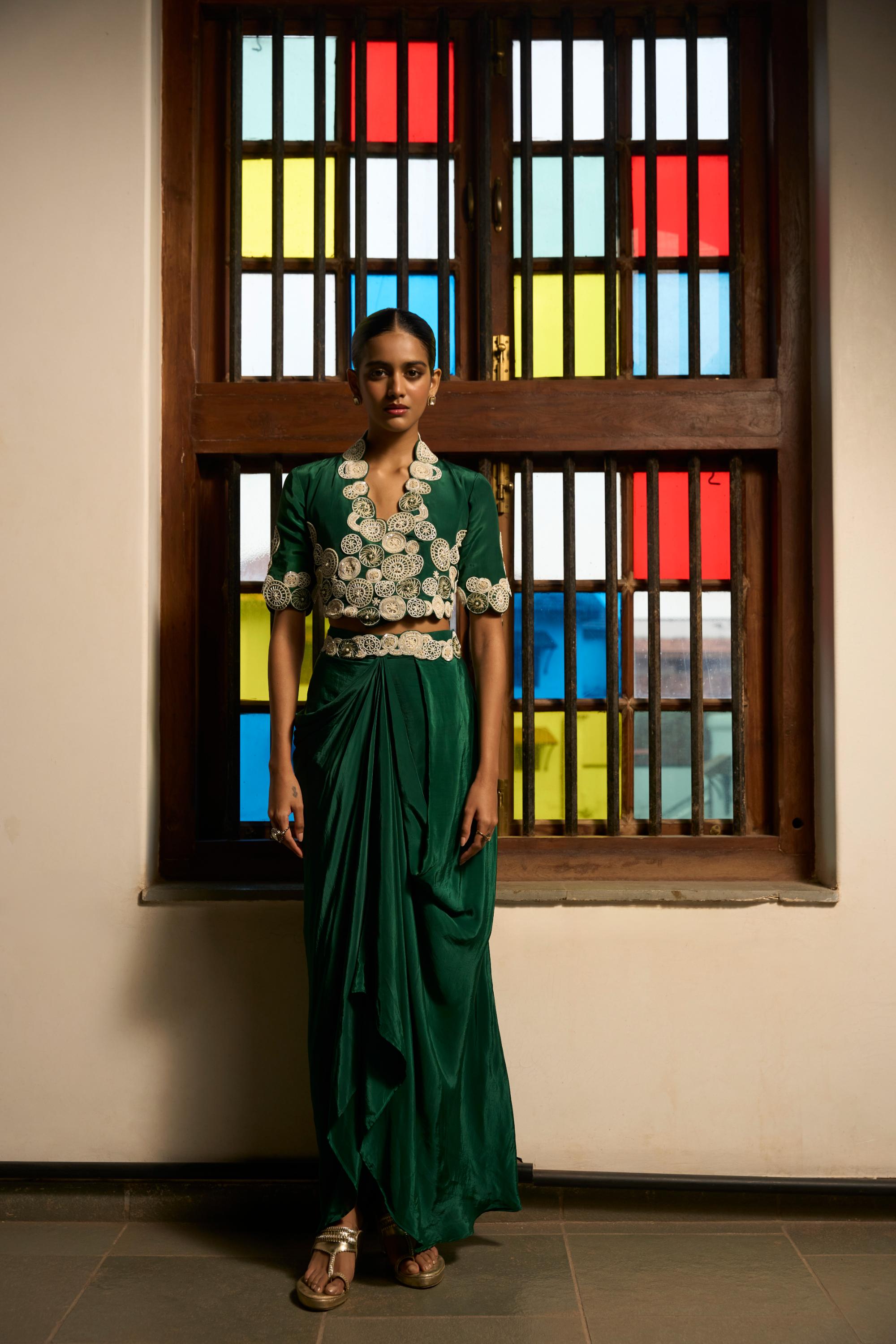 Green Poise Jacket and cowl skirt set