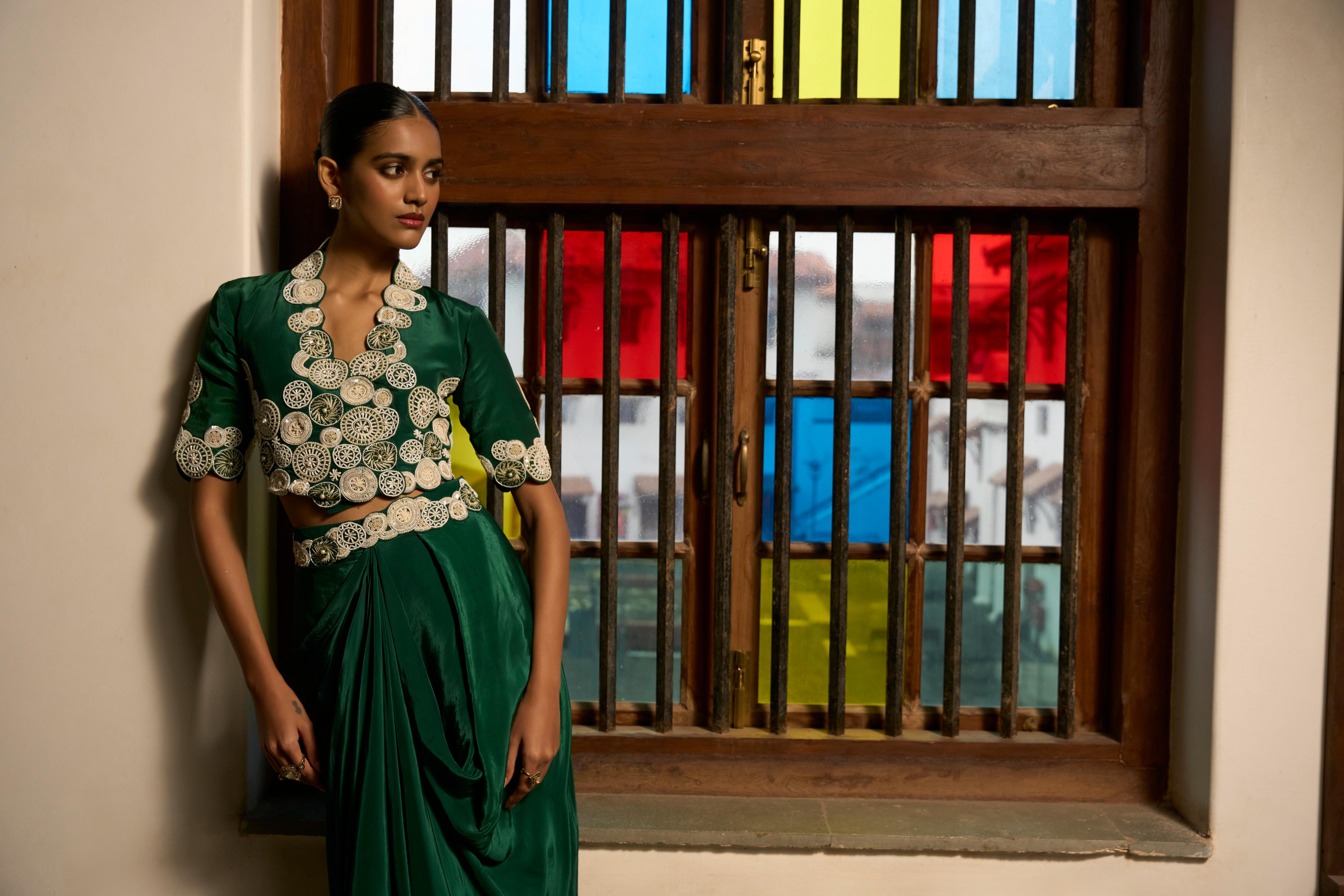 Green Poise Jacket and cowl skirt set