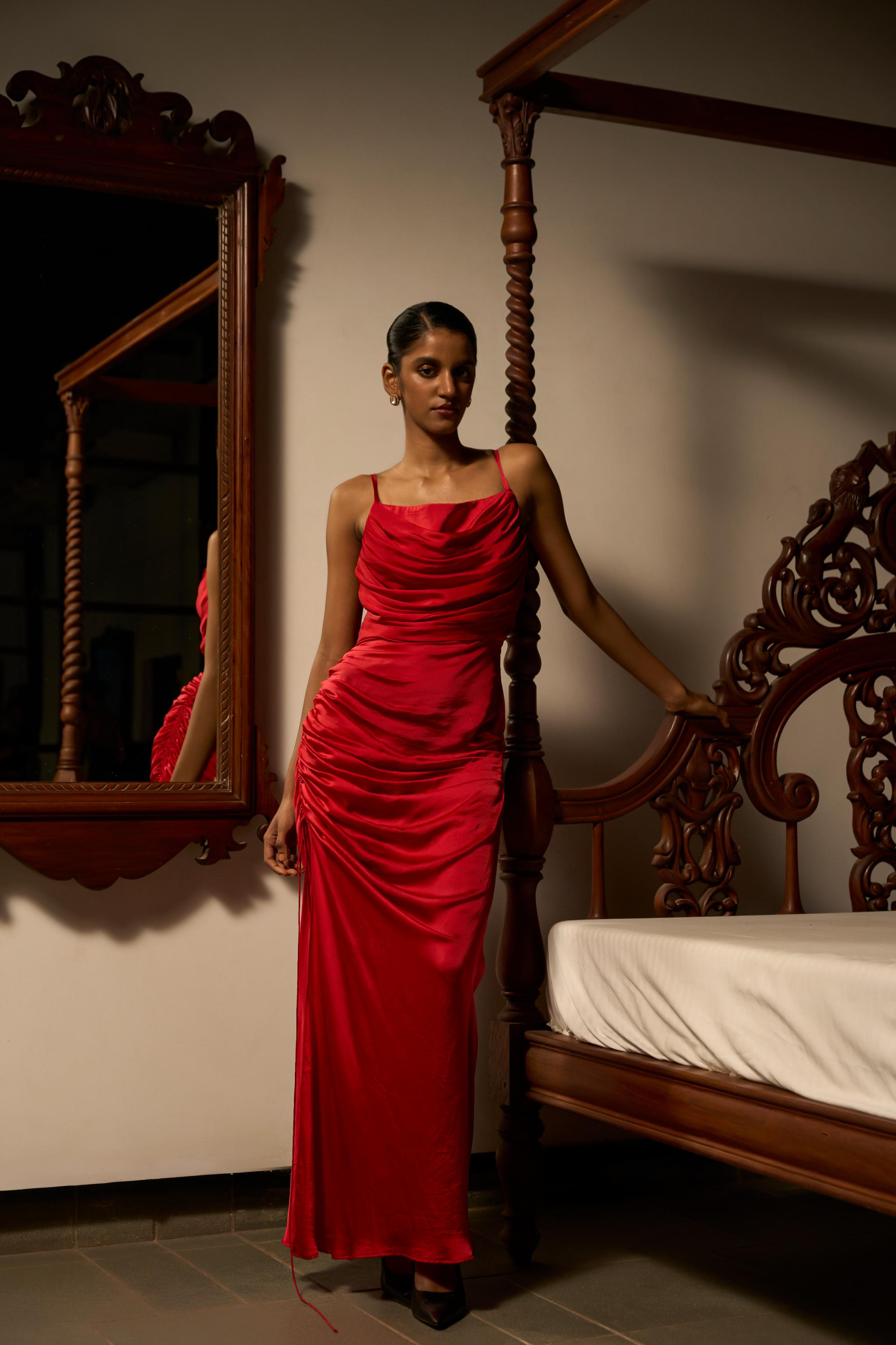 Draped in Desire – The Red Satin Gown
