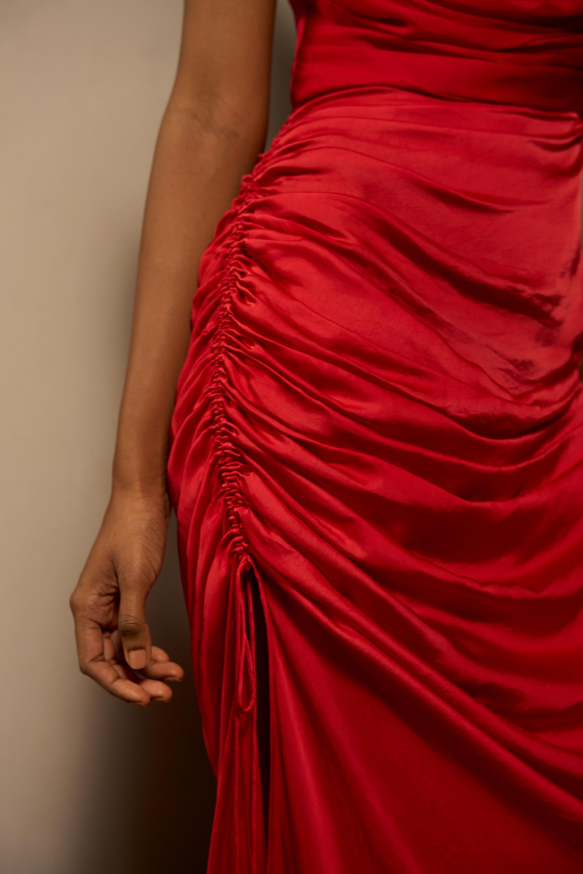 Draped in Desire β The Red Satin Gown