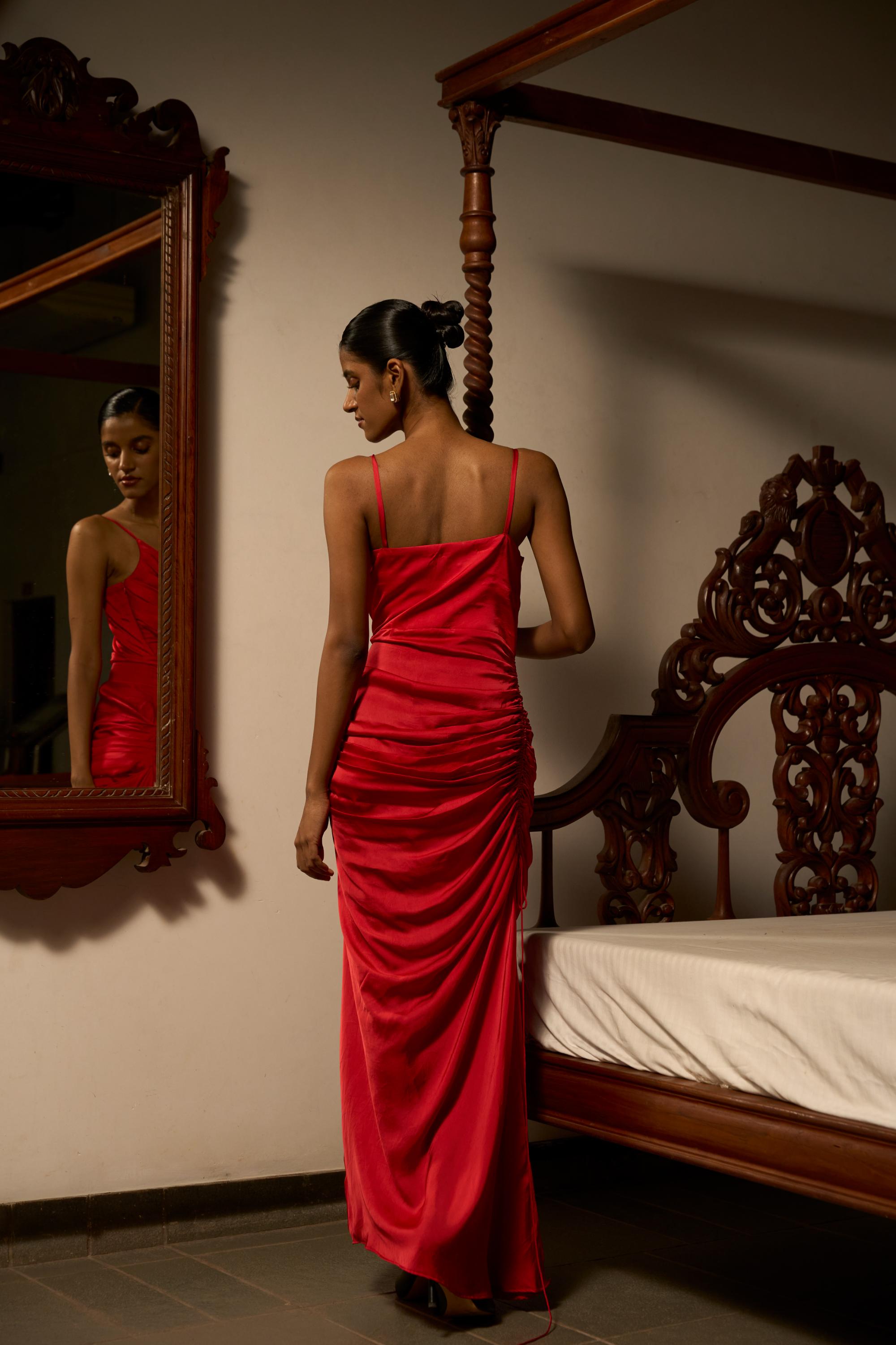 Draped in Desire β The Red Satin Gown