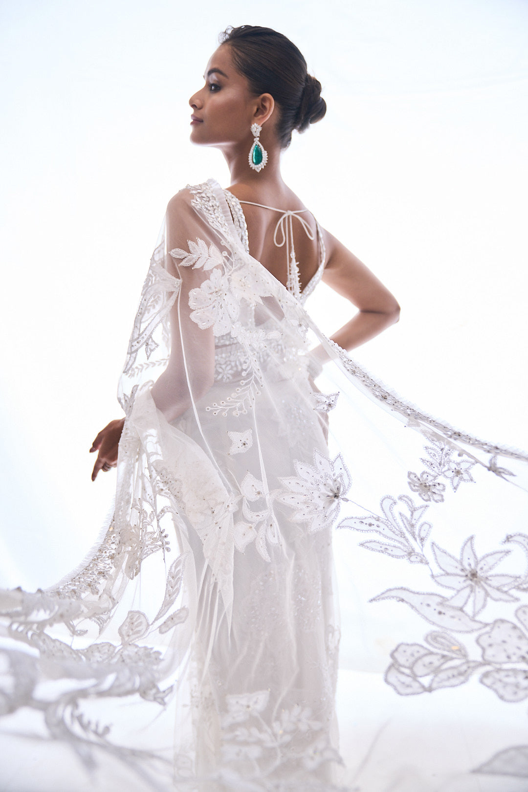 Ivory Applique Net Saree