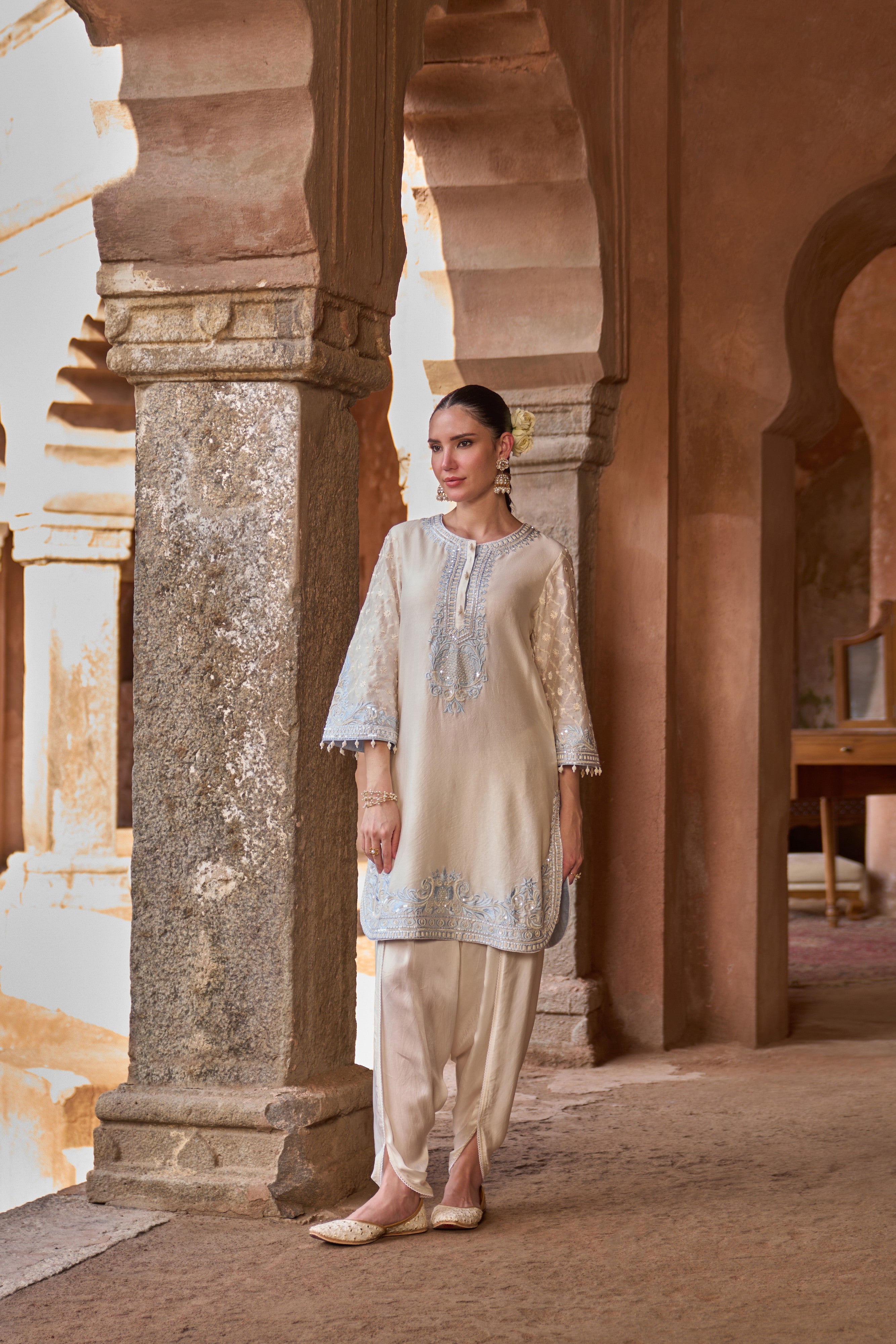 RUHI - DAISY IVORY WITH BLUE SHORT KURTA AND DHOTI