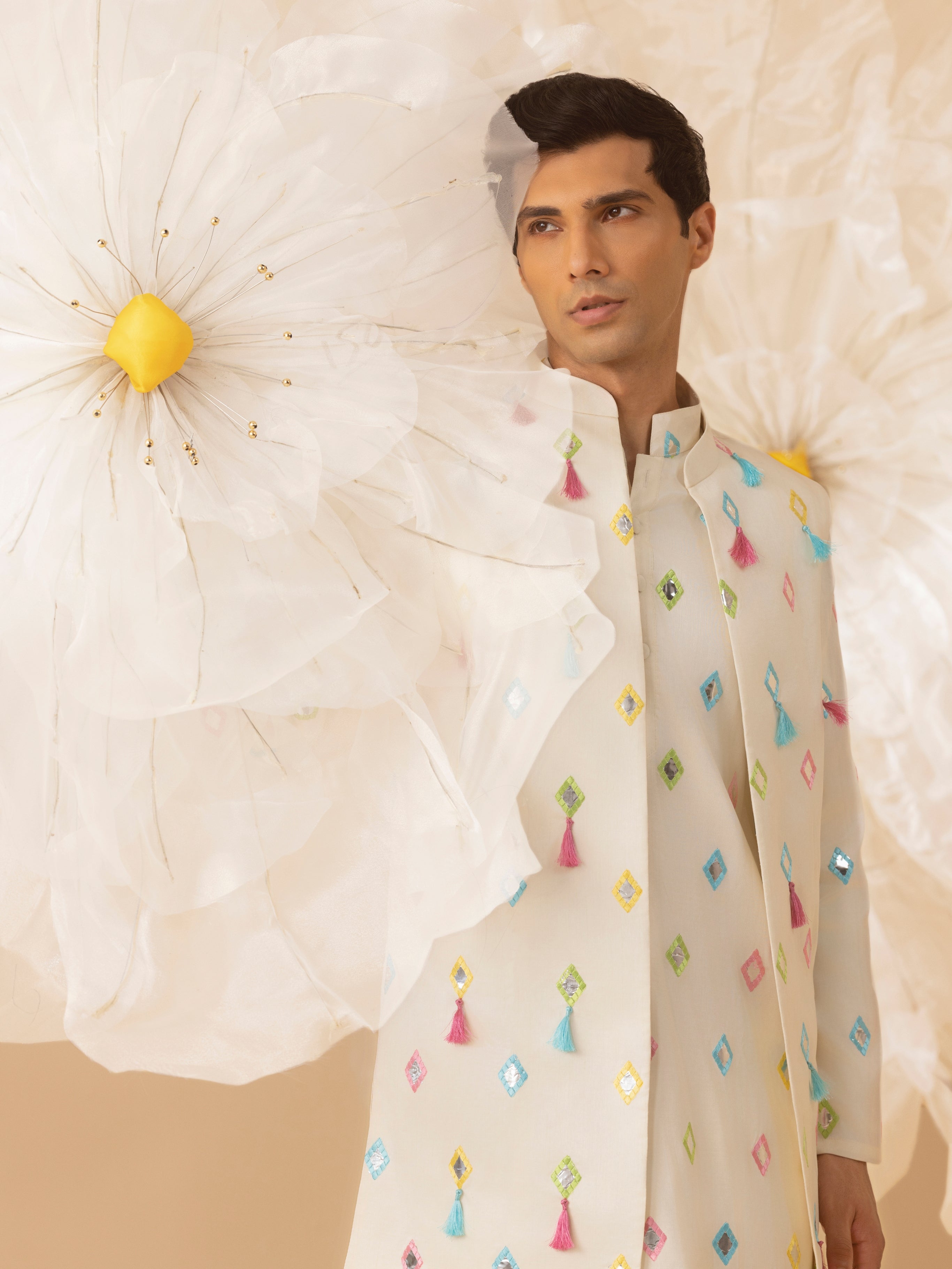 RANGREZ SILK MIRROR EMBROIDERY NEHRU JACKET SET