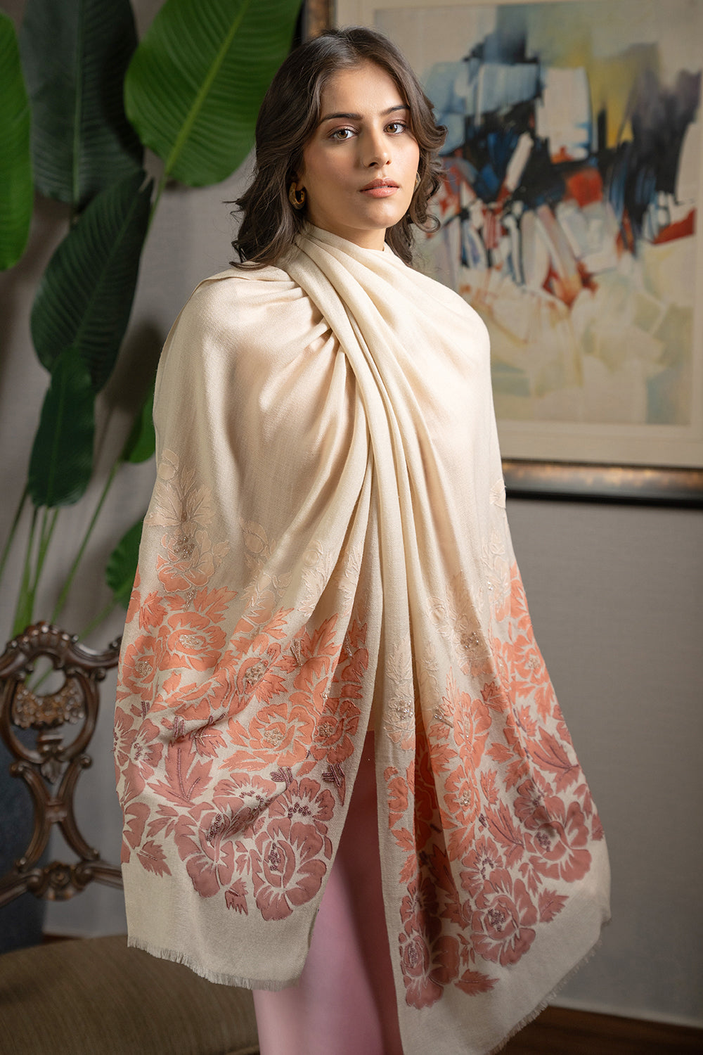 Coral Blossom | Embroidered Fine Wool Silk Stole