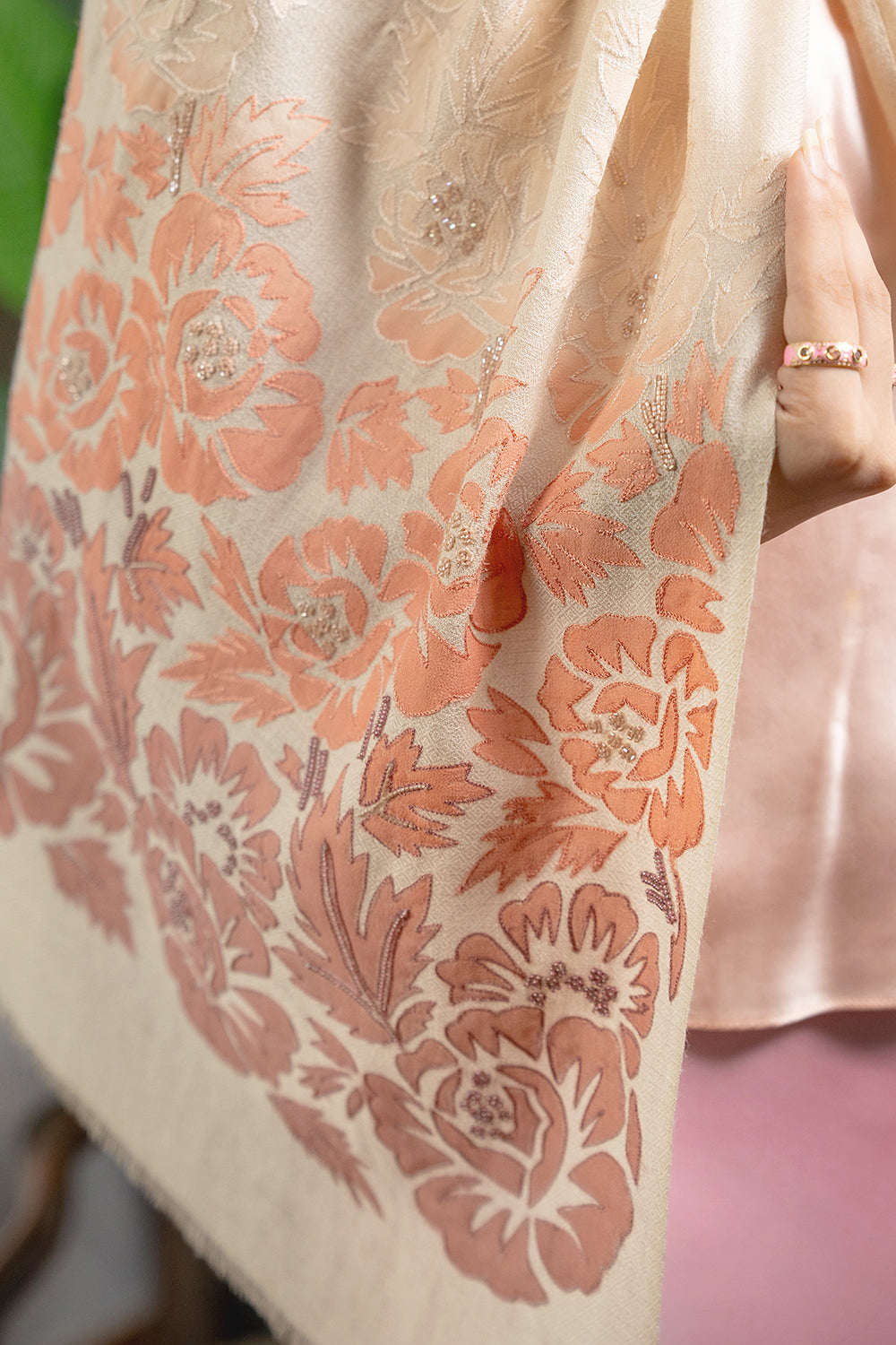 Coral Blossom | Embroidered Fine Wool Silk Stole