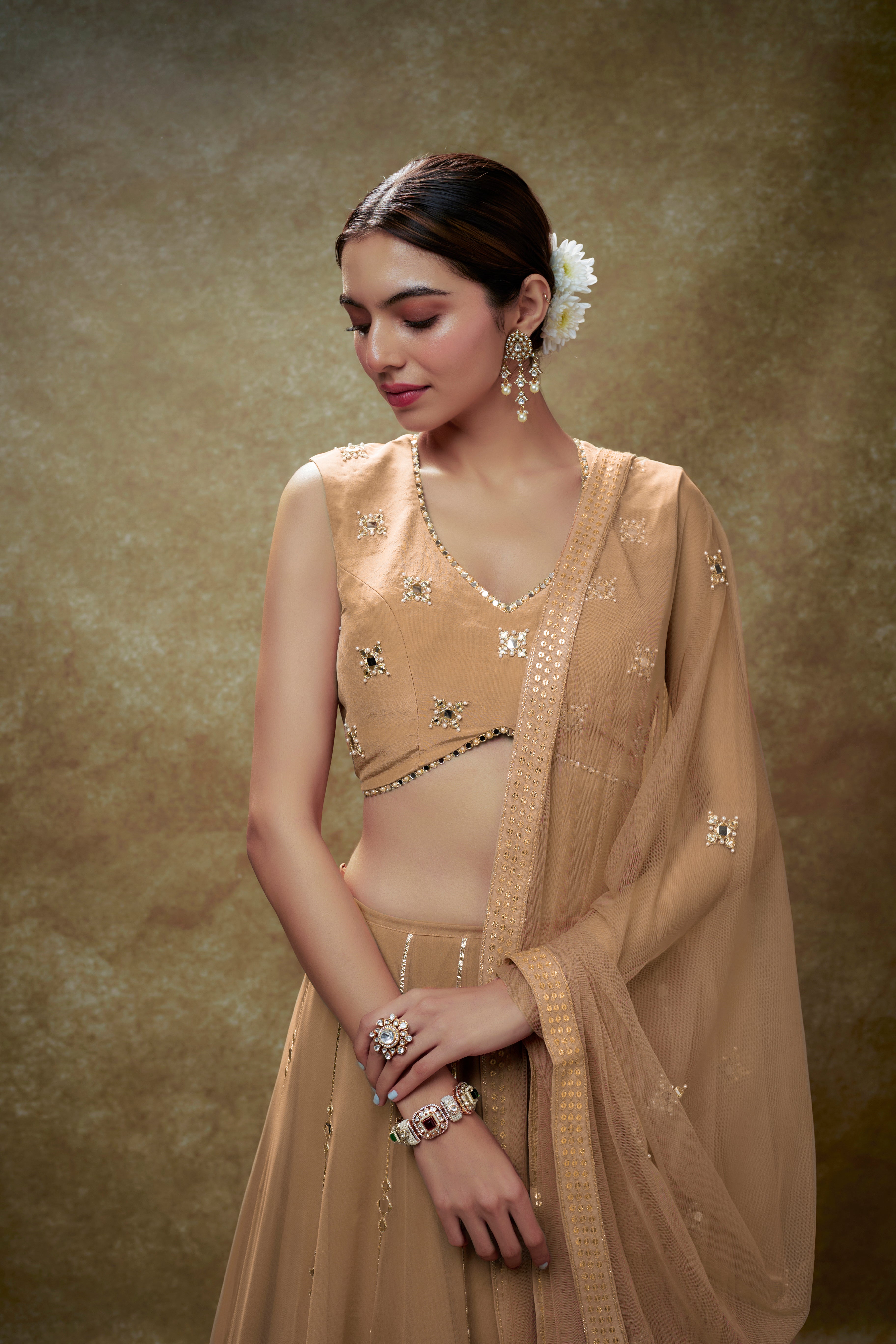 Fawn mirror work sequin lehenga set