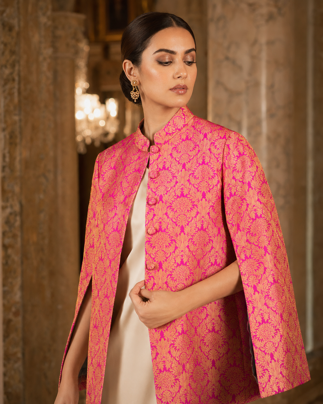 Jodha Banarasi Cape: Women's Fuchsia Gold Floral Indowestern Wear