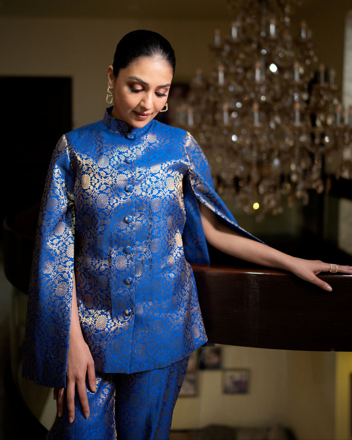 Mumtaz Banarasi Cape: Women's Royal Blue Gold Floral Indowestern Wear