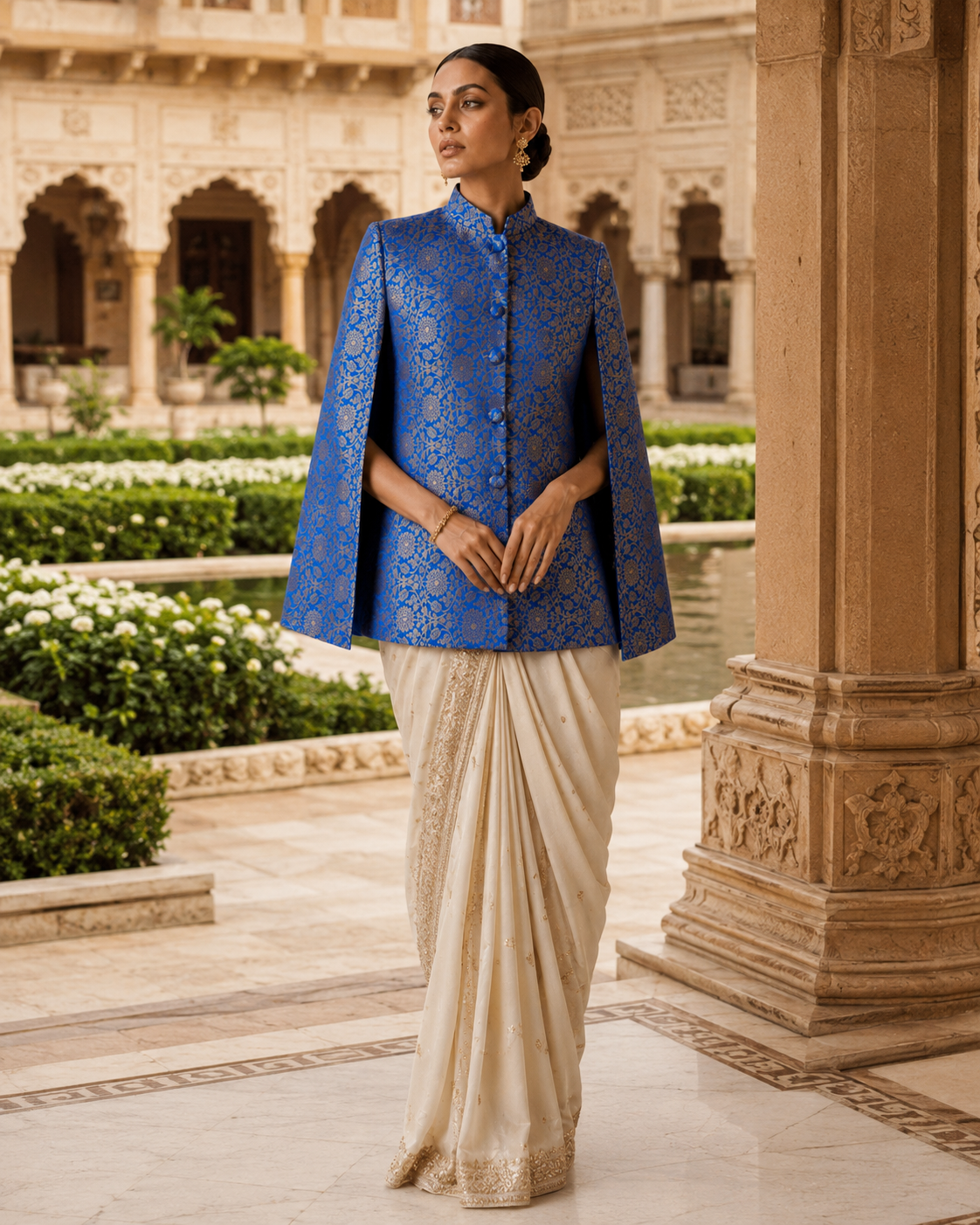 Mumtaz Banarasi Cape: Women's Royal Blue Gold Floral Indowestern Wear