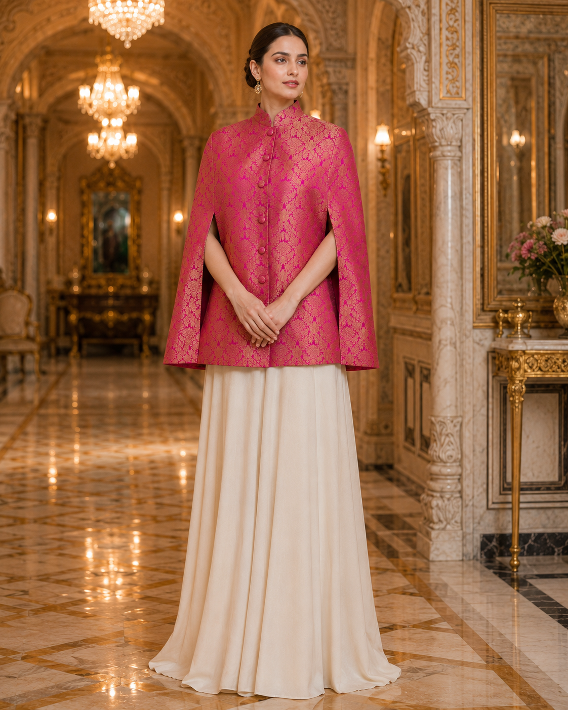 Mira Banarasi Cape: Women's Fuchsia Gold Floral Indowestern Wear