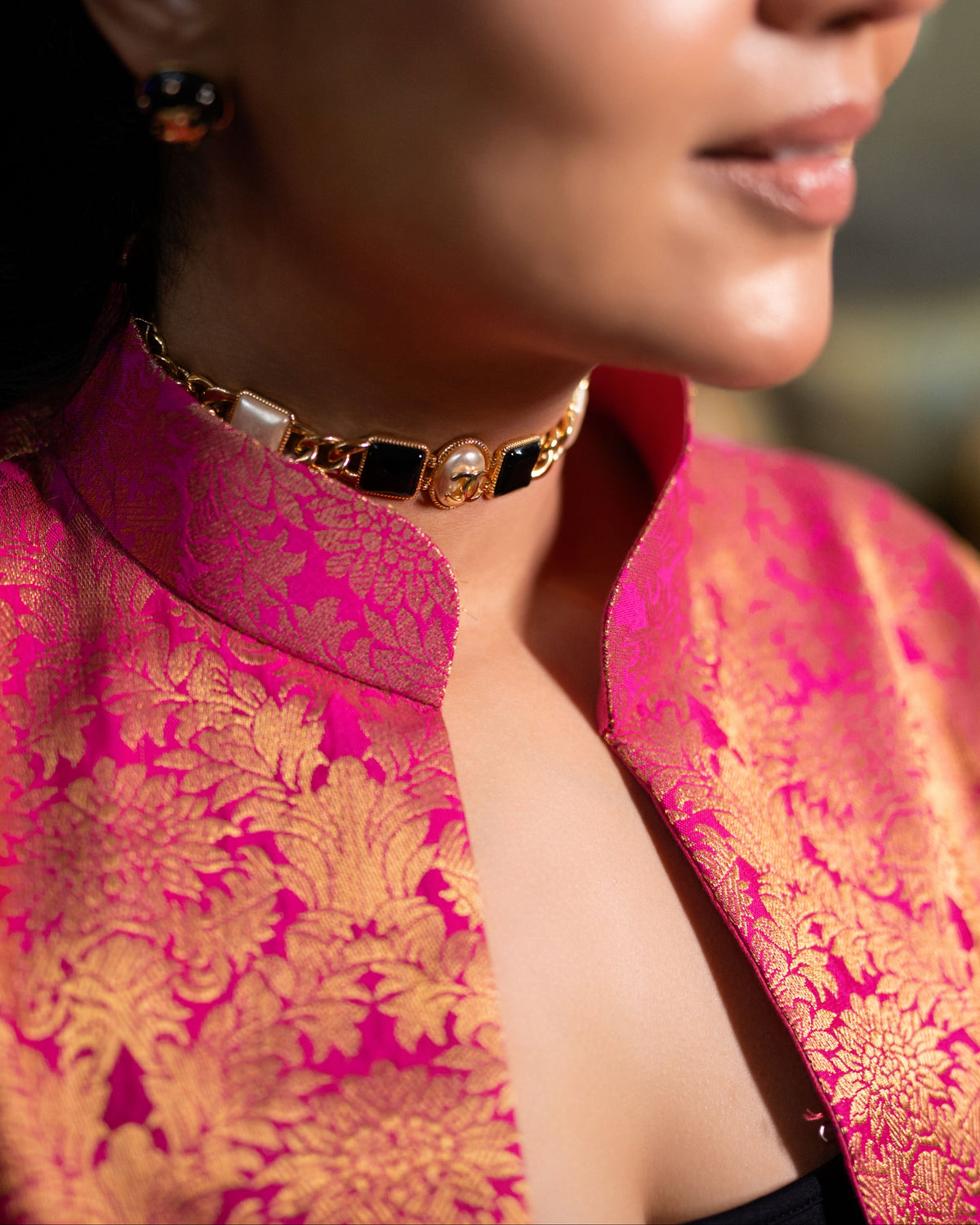 Jodha Banarasi Long Coat: Women's Fuchsia Gold Floral Jacket