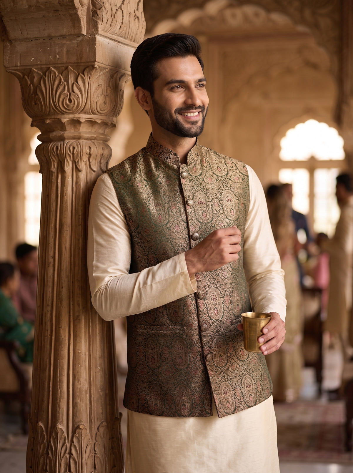 Ashoka Banarasi Bandi: Men's Sage-Golden Waist Coat