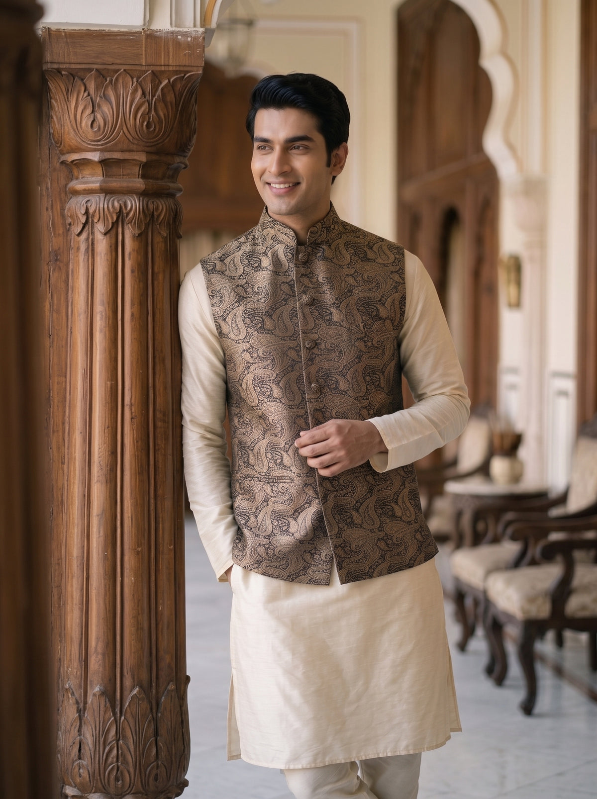 Salim Banarasi Bandi: Men's Black Zari Paisley Waist Coat