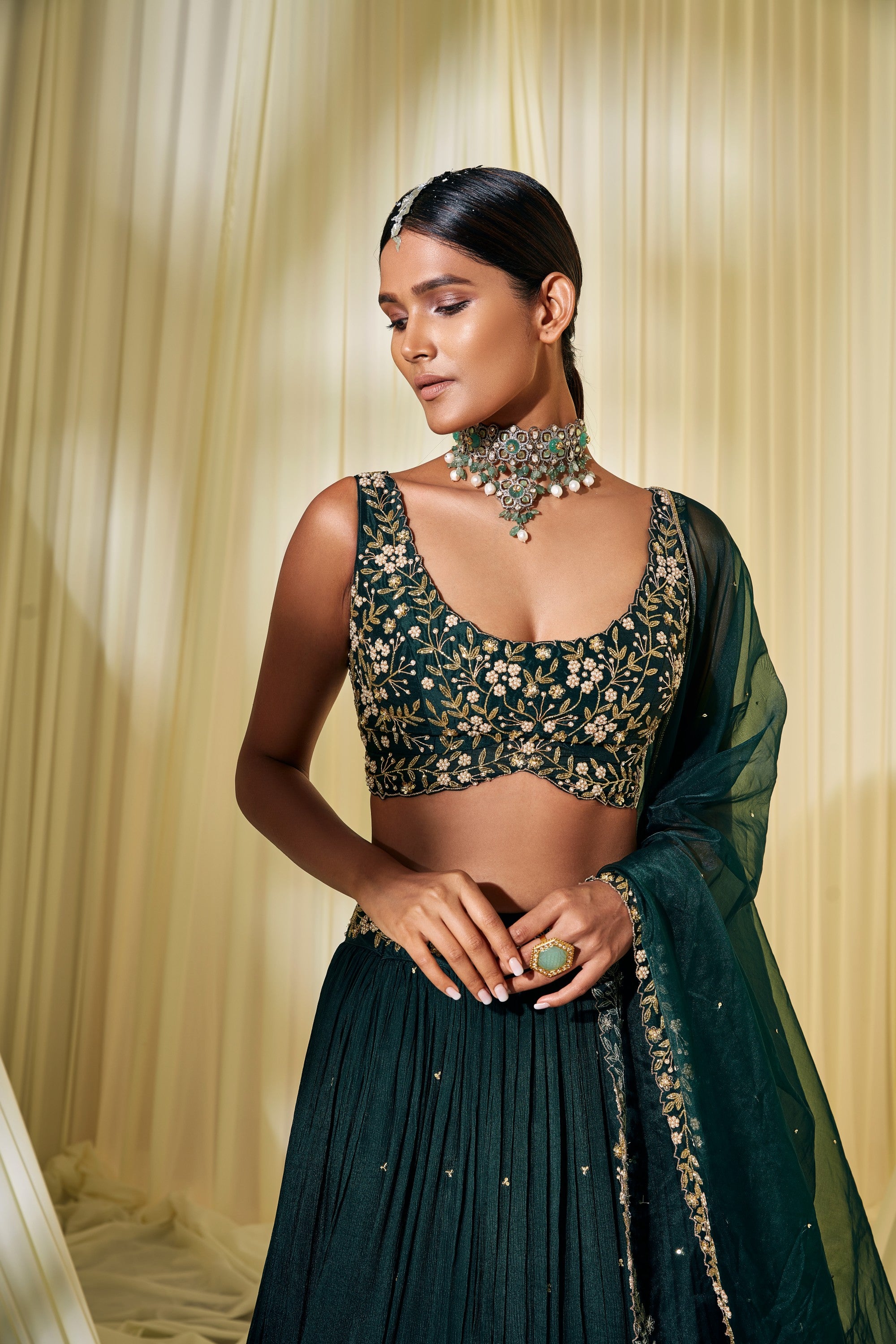BOTTLE GREEN LEHENGA SET