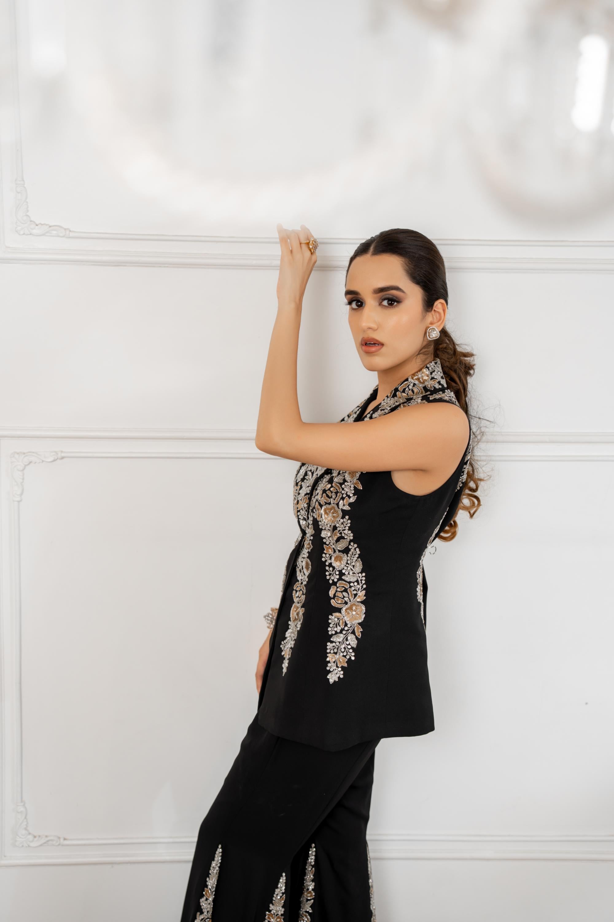 Black Embroidered Jacket Set