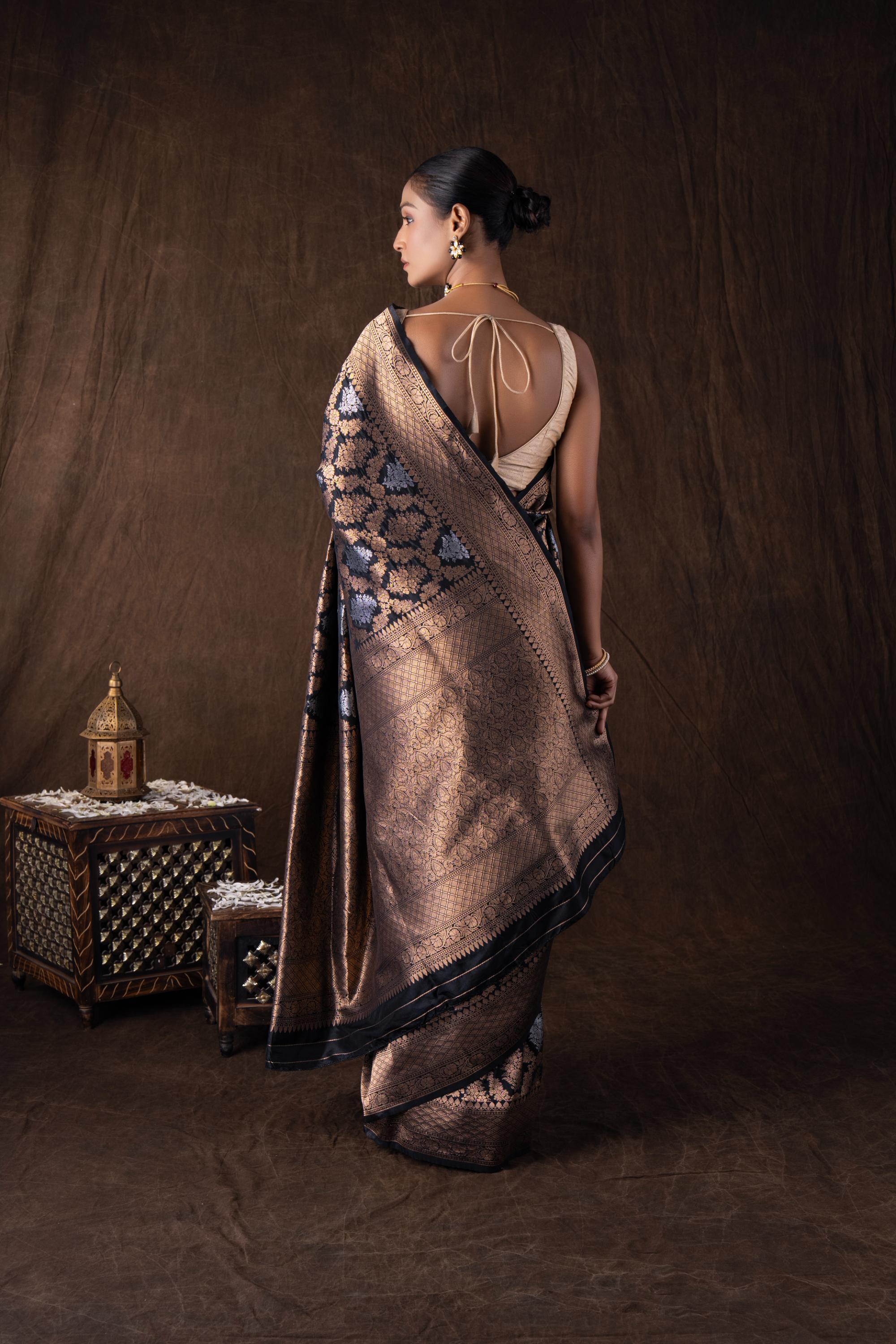Black Pure Katan Silk Banarasi Handloom Saree