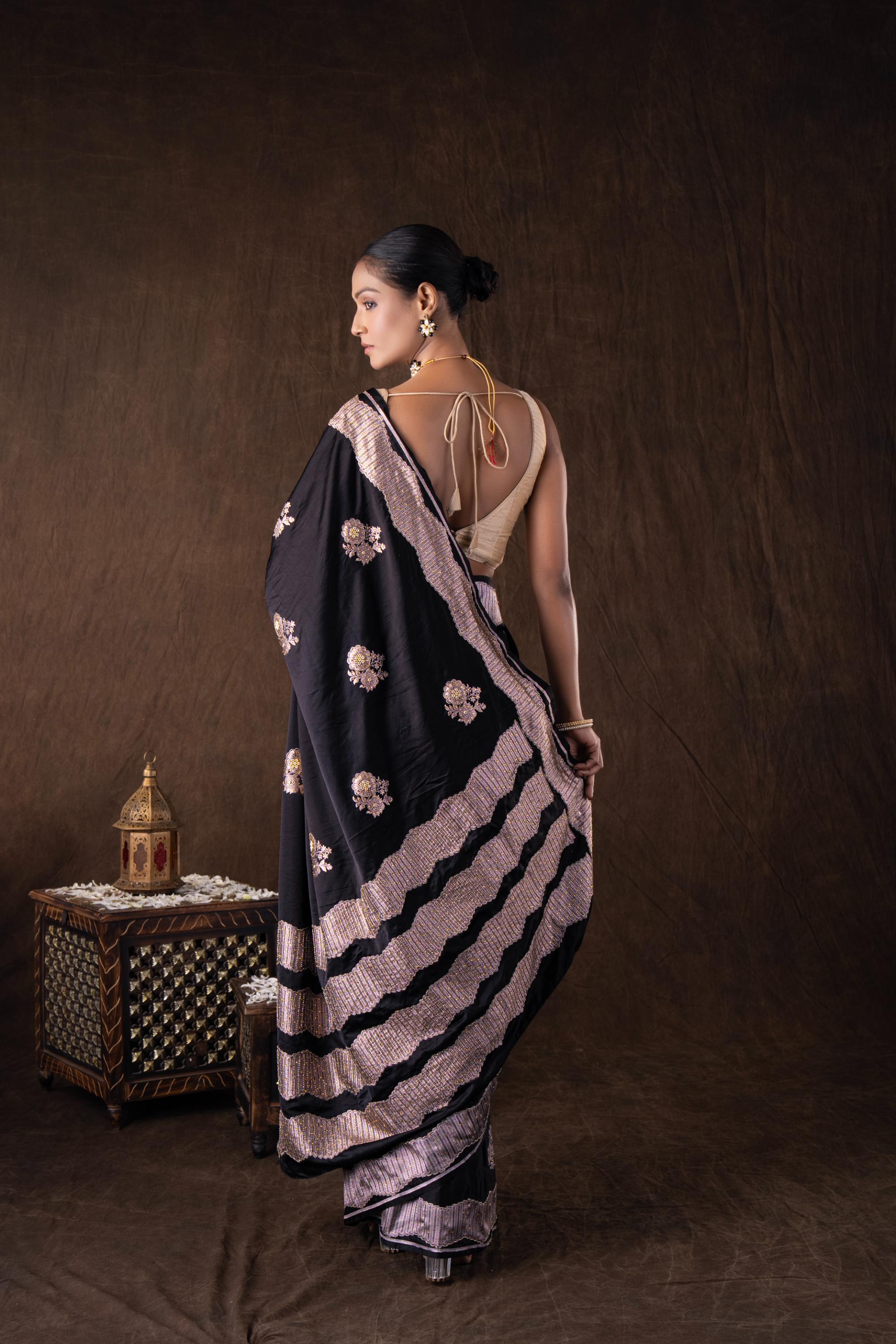 Black Pure Katan Silk Handwork Saree