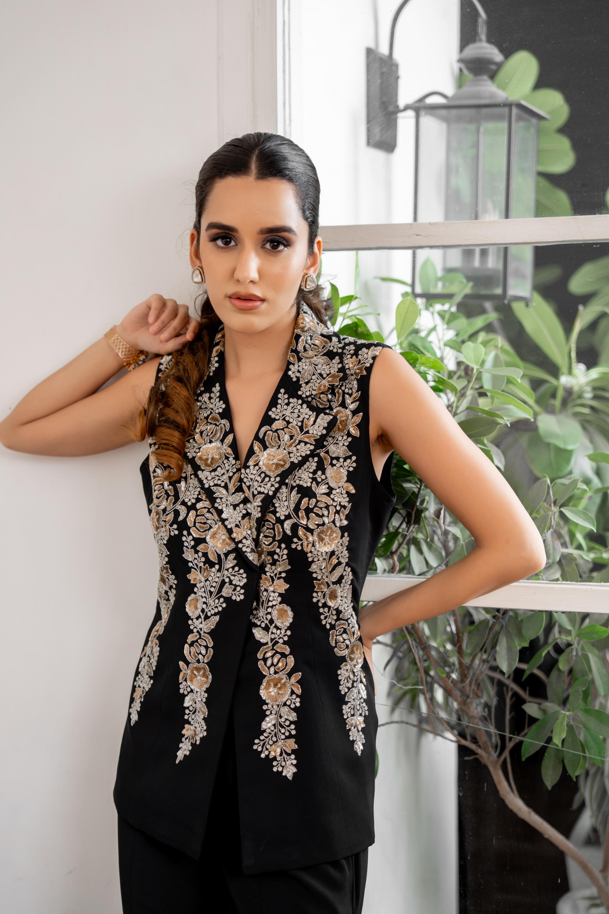 Black Embroidered Jacket Set
