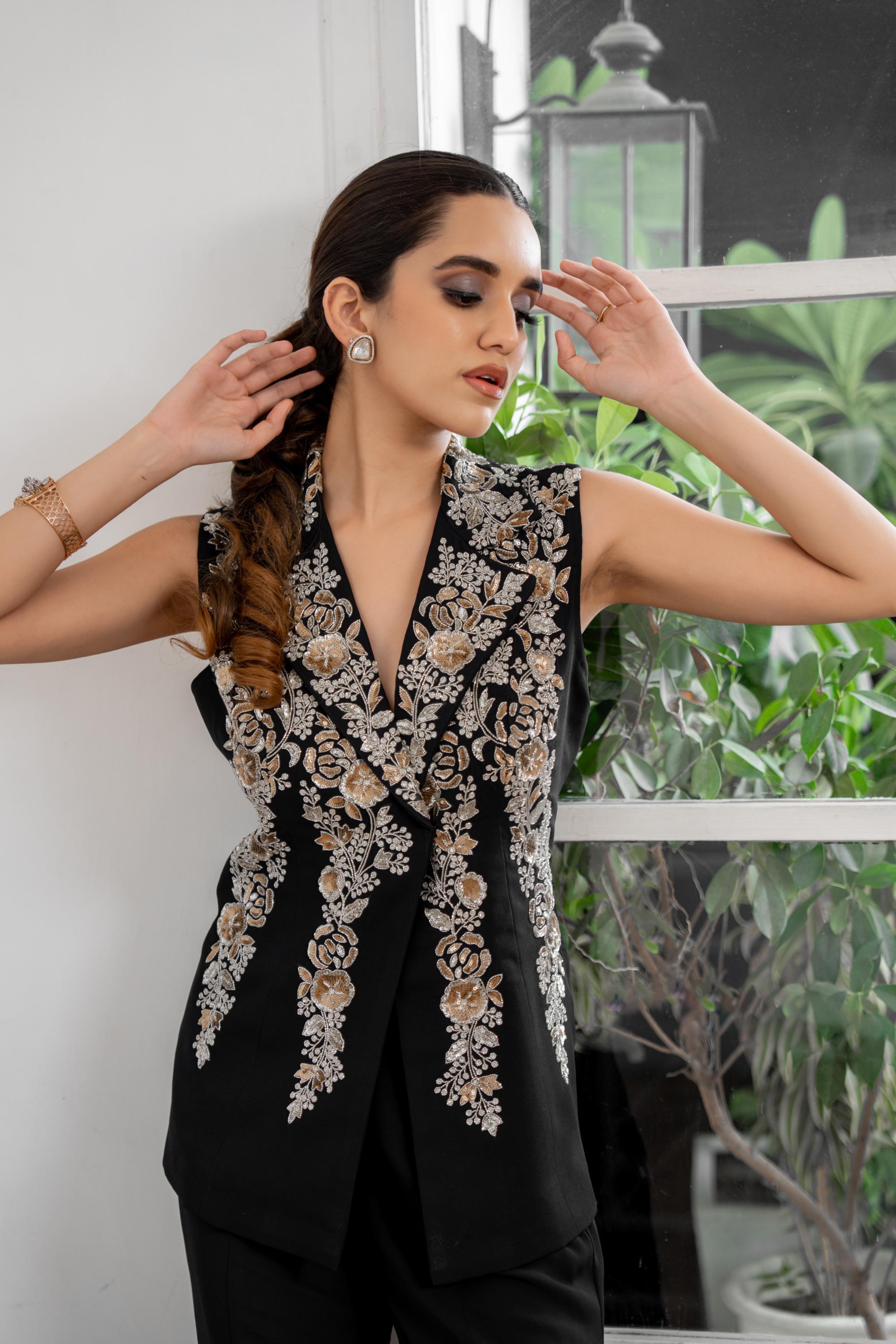 Black Embroidered Jacket Set