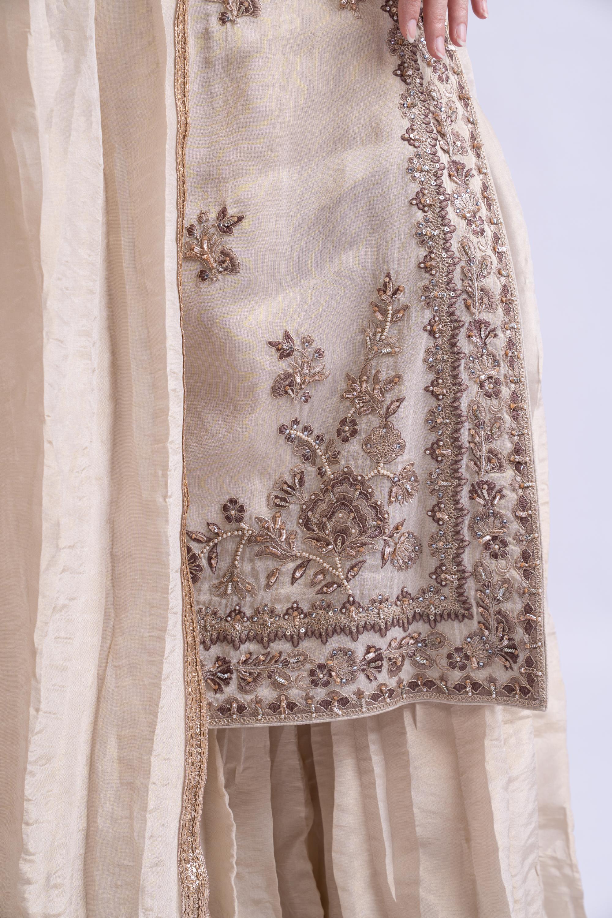 Ivory Embroidered Tissue Silk Sharara Set