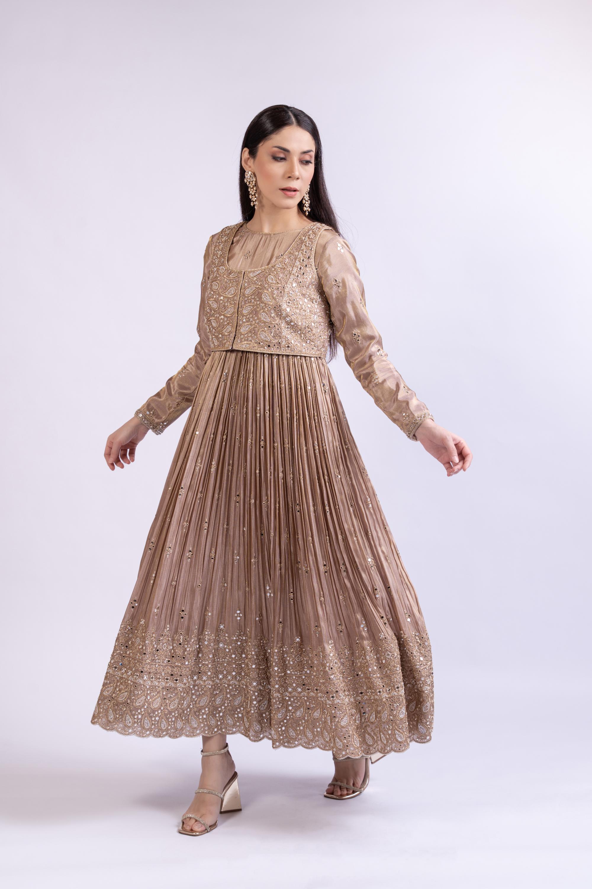 Mouse Brown Tissue Silk Short Anarkali with Embroidered Jacket